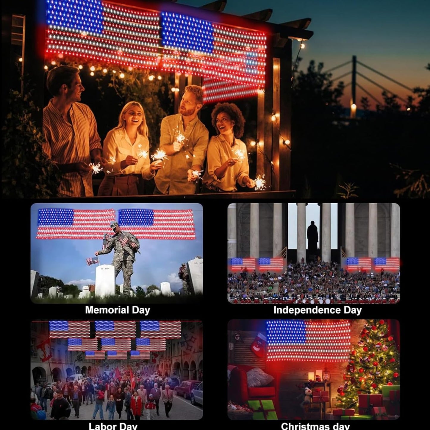 HYH American Flag Lights with 420 Super Bright LEDs,Waterproof Led Flag Net Light of The United States for Yard,Garden Decoration, Festival, Holiday, Party Decoration,Christmas Decorations