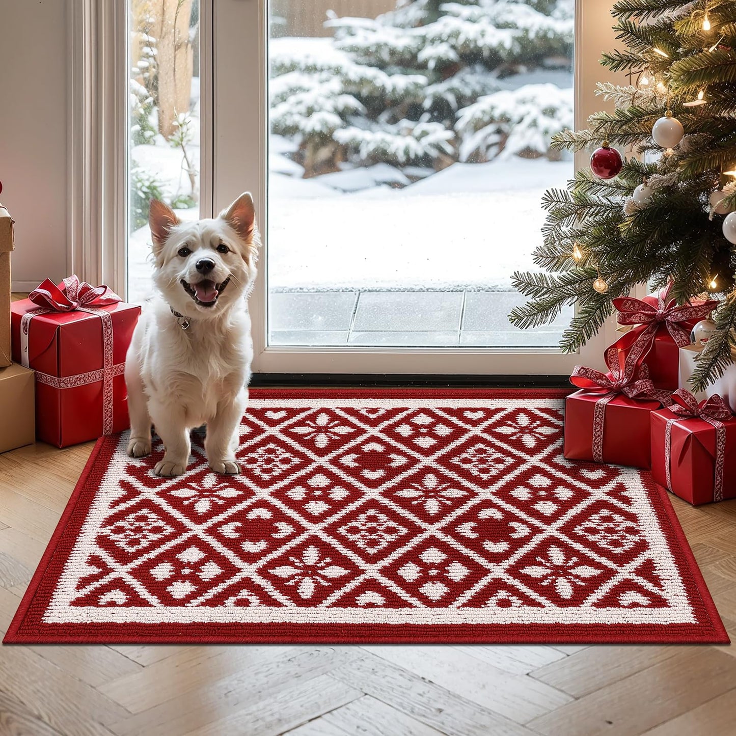 Ileading Christmas Entrance Door Mat, Absorbent Dog Mats for Muddy Paws, Low-Profile Small Red Xmas Decor Kitchen Runner Rug with Non-Slip Backing, Machine Washable Entryway Welcome Mat(Red 24"X36")