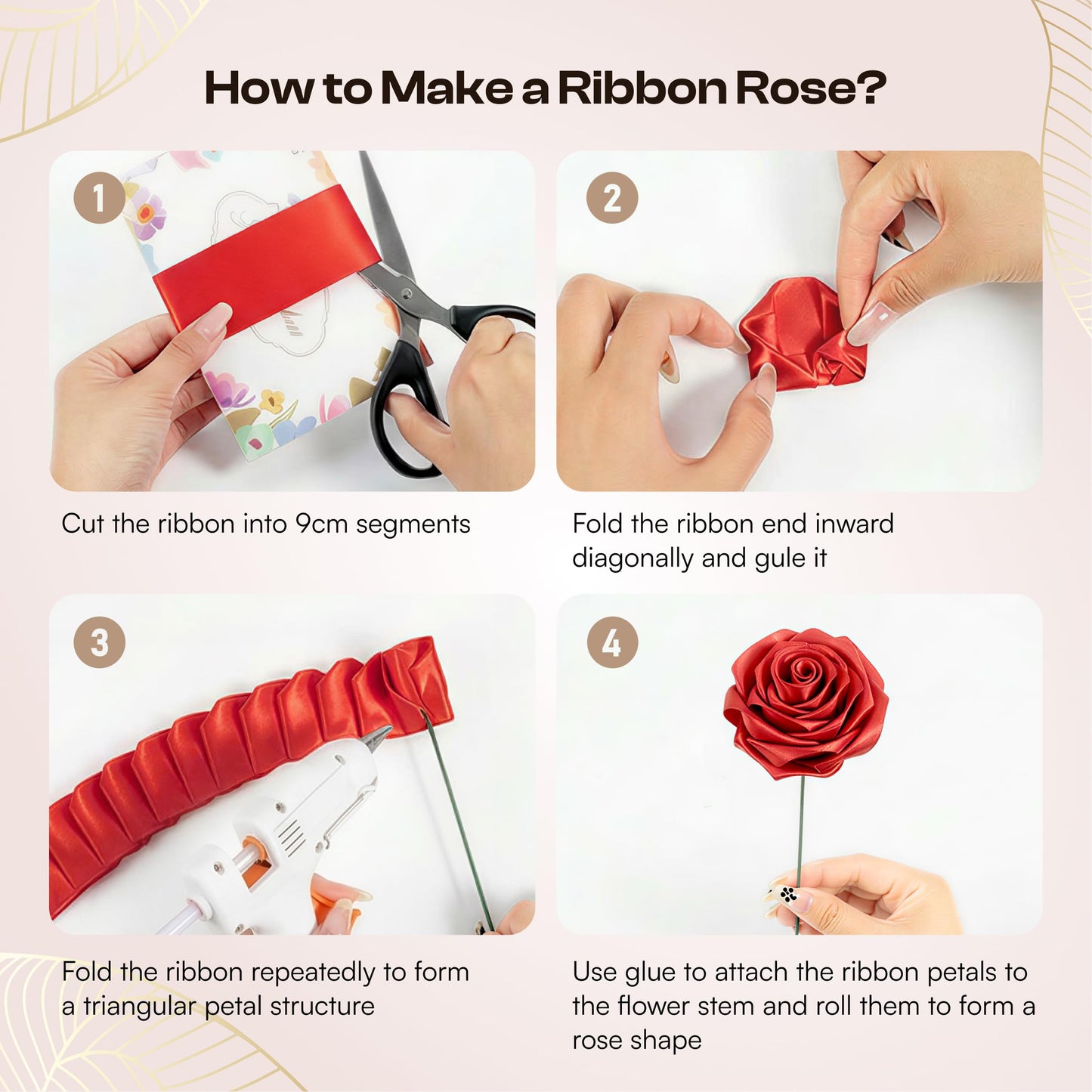 Caydo 1-1/2 Inch Red Ribbon for Flower Bouquet for Mothers Day Gifts, 50 Yards Satin Ribbon Flower Making Kit with Floral Stem Wire, Wrapping Paper, Glue Stick, 3D Butterfly & Diamond Pins