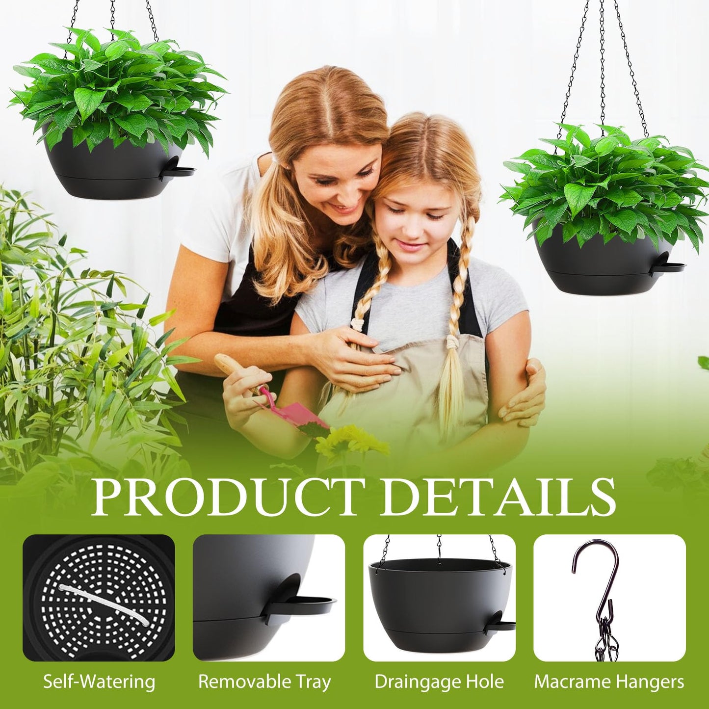 SQKH 12 Inch Hanging Baskets 2 PC with Chains, Self-Watering Hanging Planters for Indoor Outdoor Plants, Plastic Hanging Flower Pots,Black