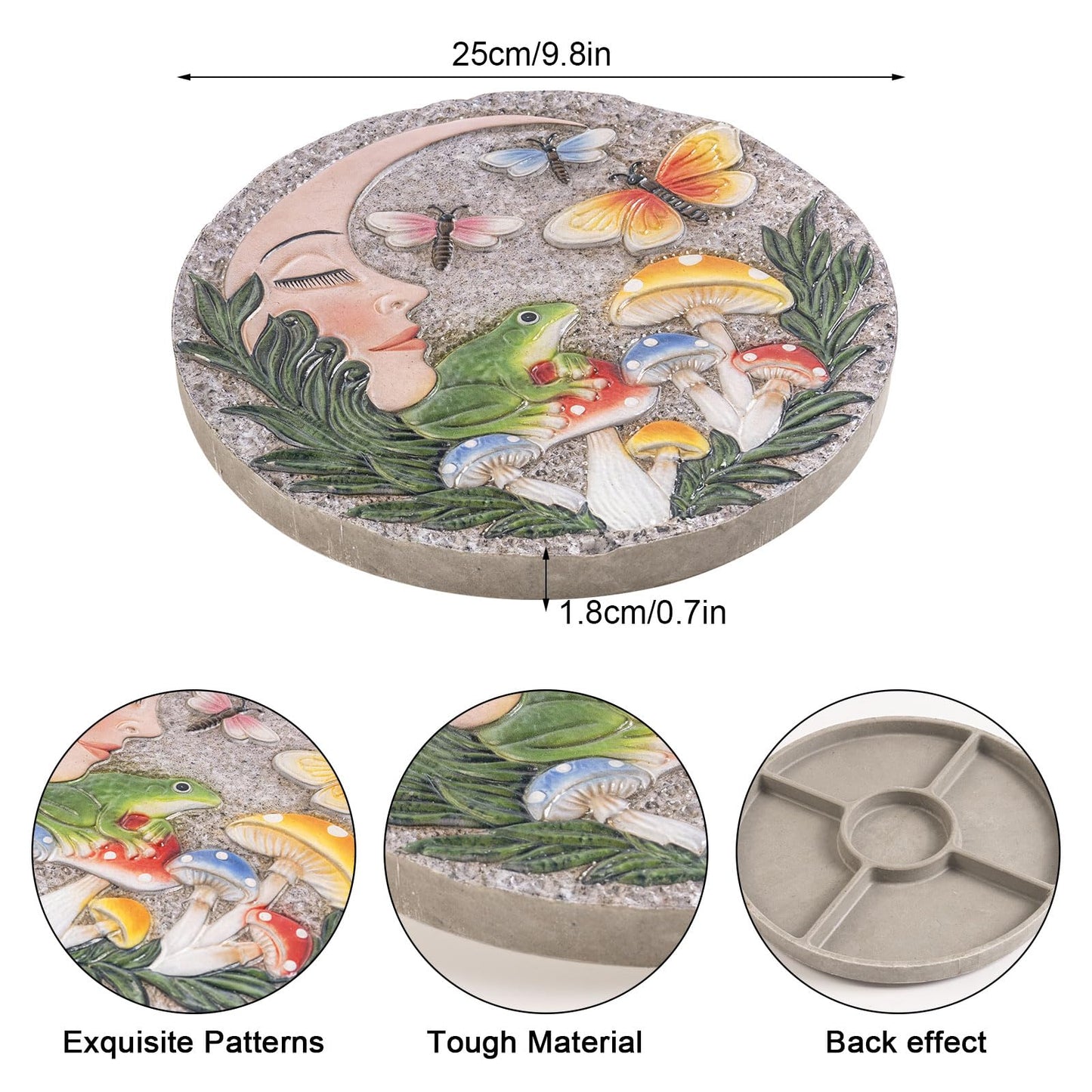 Bechivie Garden Stepping Stones Outdoor, 9.8" Resin Frog Stepping Stone with Moon Butterfly Mushroom, Spring Decorative Round Walkway Gardening Gifts Home Decor for Outside Yard Pathway Patio Lawn