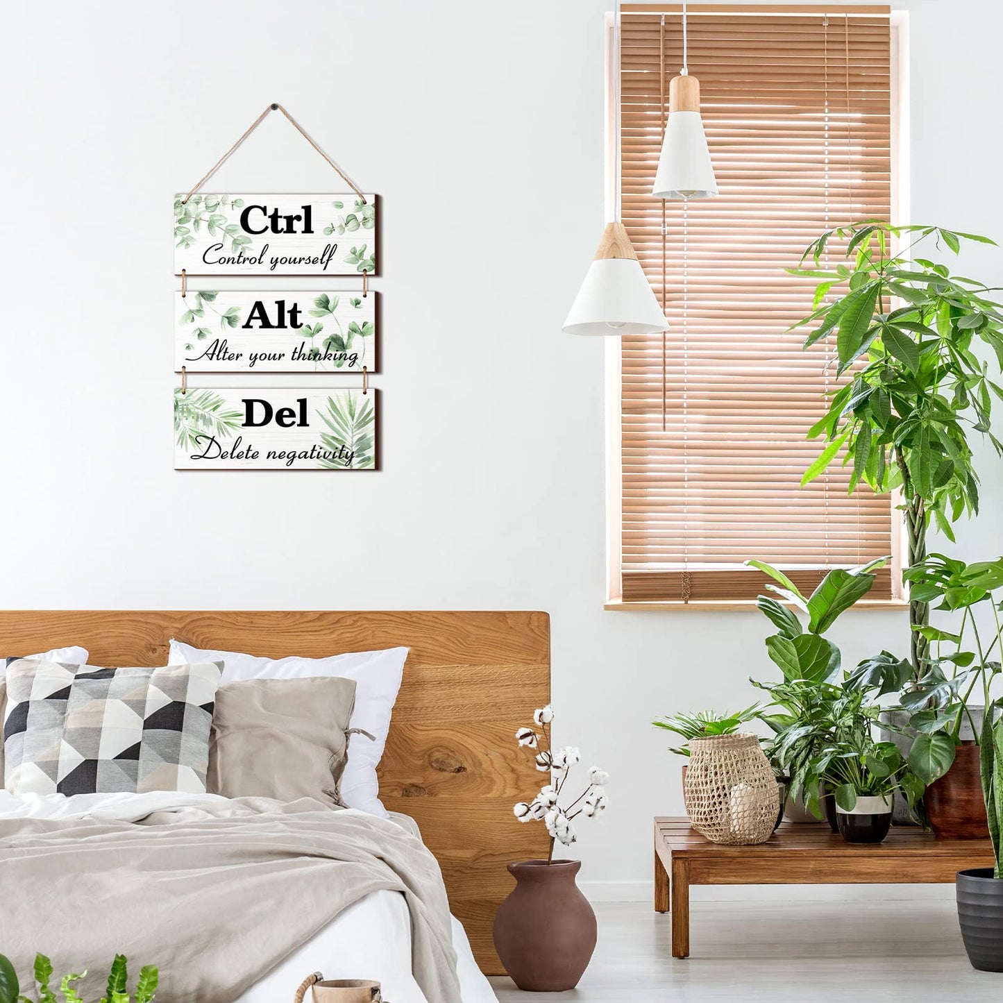 Qunclay 3 Pcs Office Wall Decor Green Leaves Wood Rustic Hanging Cubicle Decor Summer Inspirational Ctrl Alt Del Sign Decoration for Bathroom Indoor Home Living Room