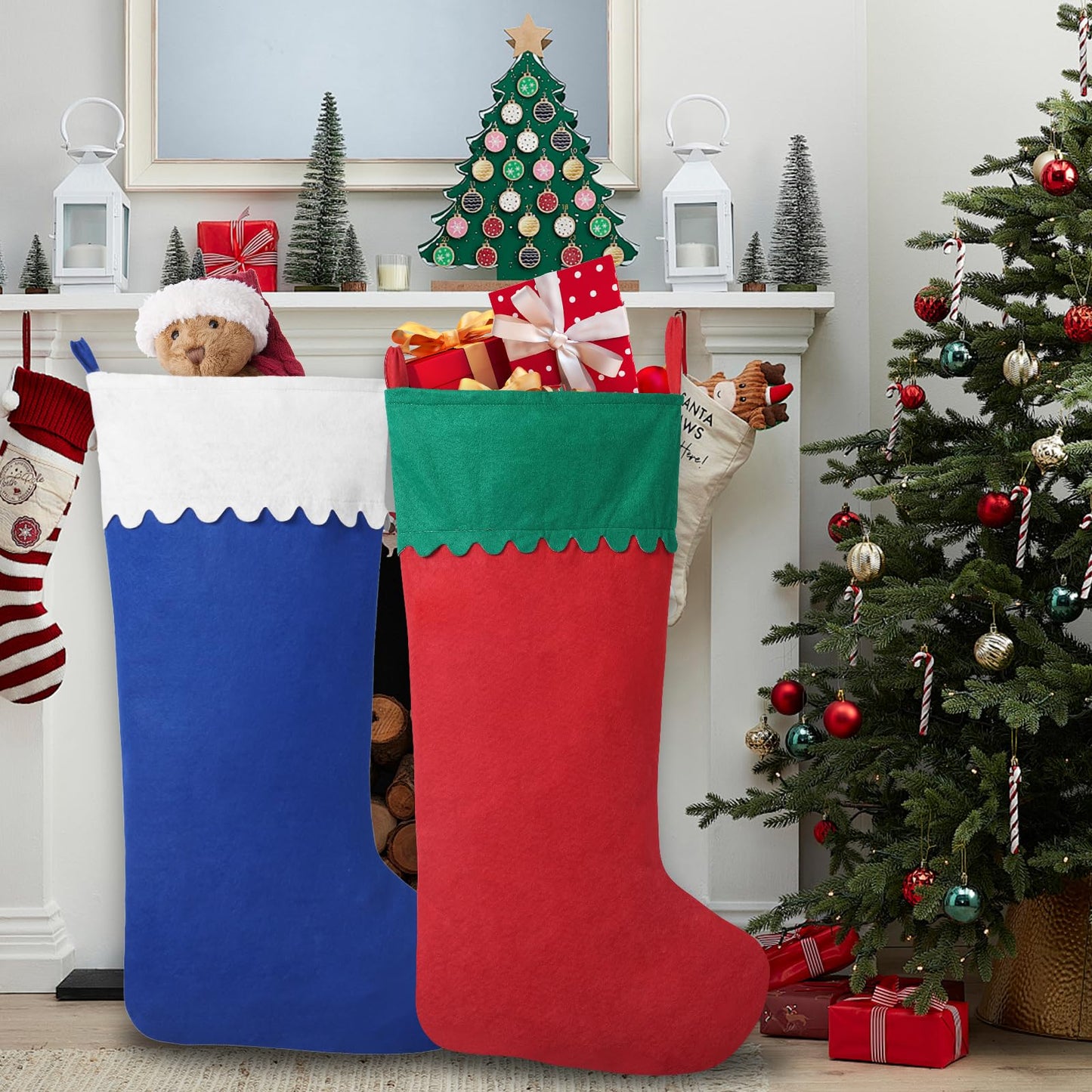 Asisca 2 Pack Jumbo Candy Cane Christmas Stockings, 38 Inches Large Red and White Felt Christmas Stockings for Xmas Tree Fireplace Hanging Decor and Holiday Party Family Home Decorations