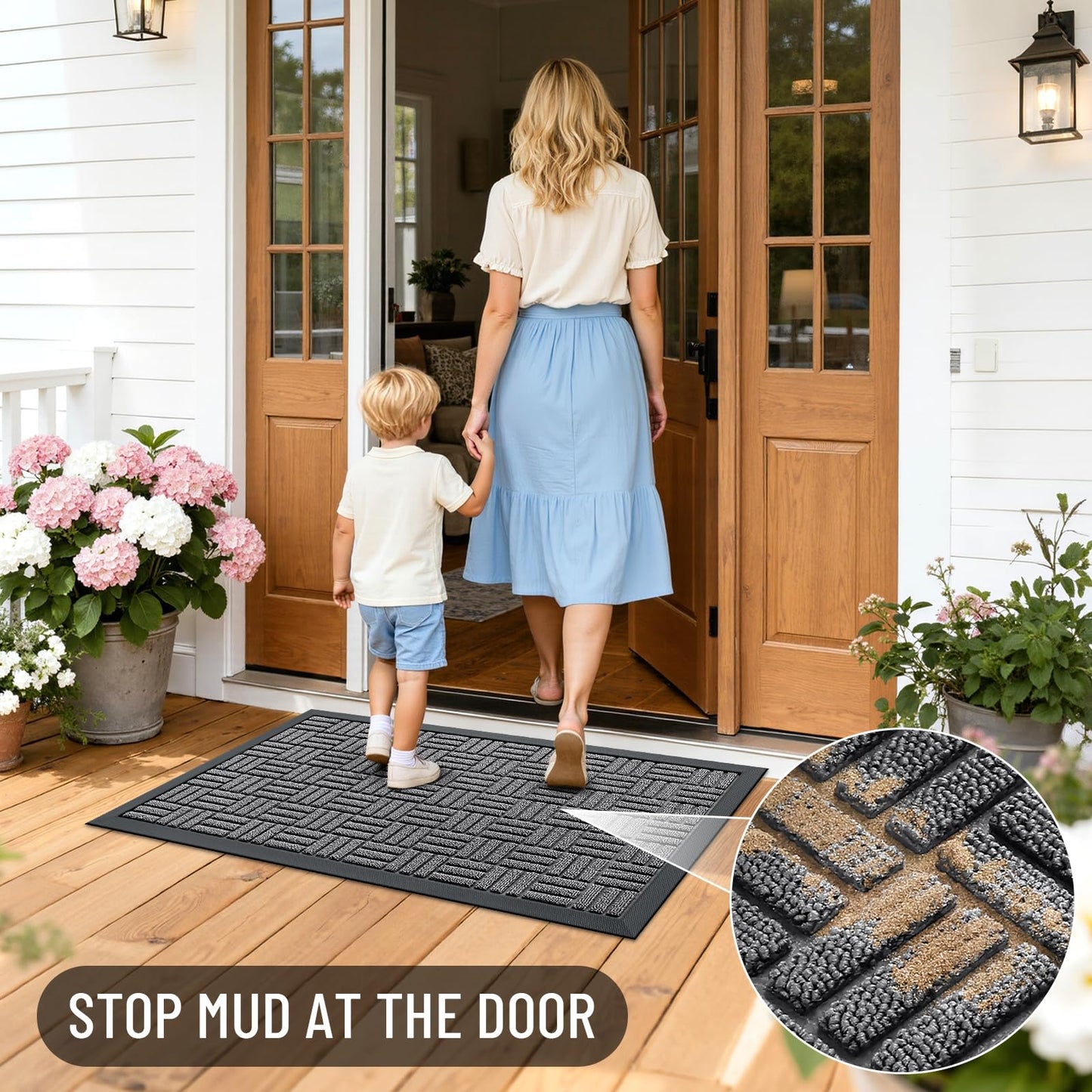OLANLY Front Door Mat Outside Entrance 29.5x17, Absorbent, Heavy Duty Sturdy Natural Rubber Doormat Indoor Outdoor, Stain and Fade Resistant, Non-Slip Backing Low Profile Floor Mat for Entryway, Grey