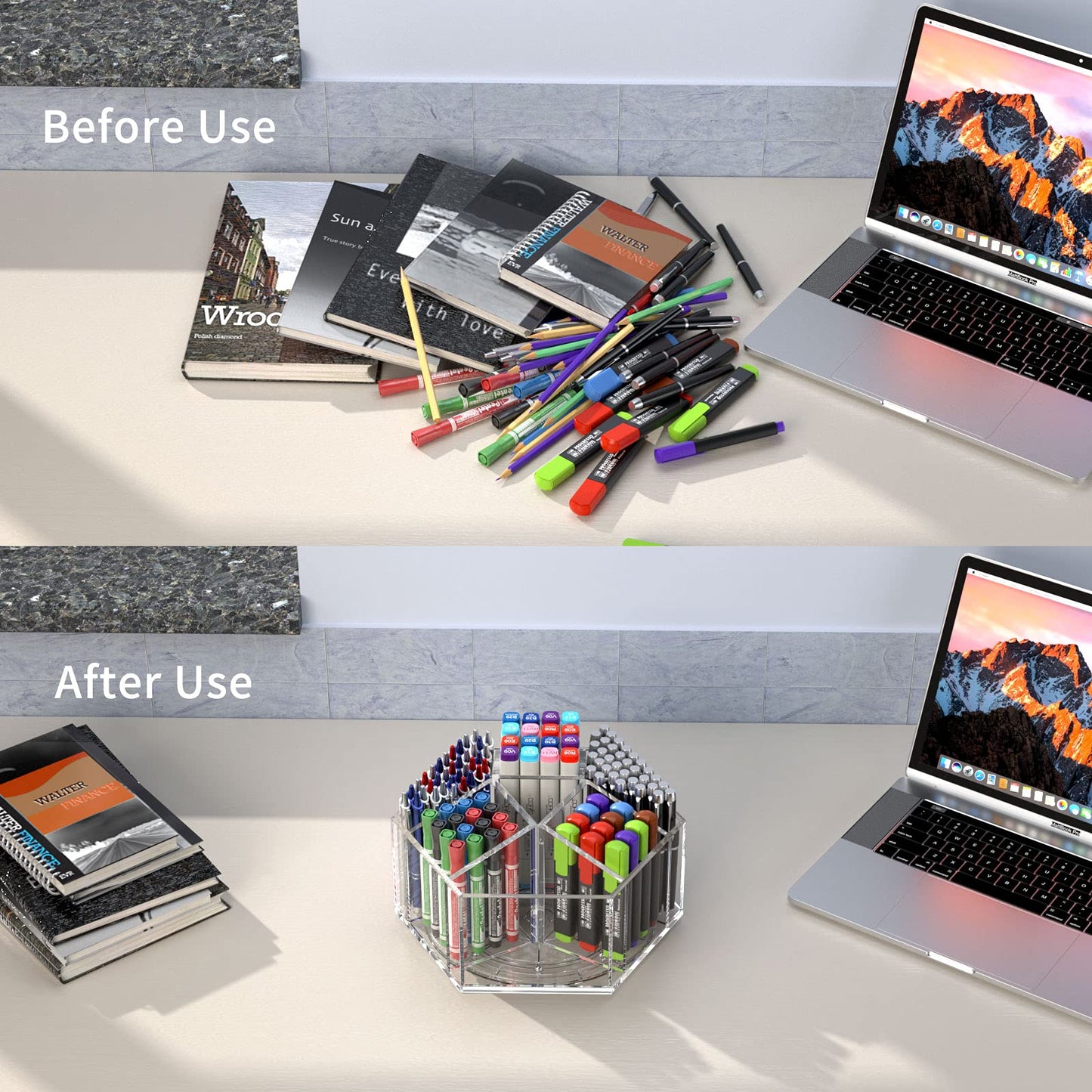 NIUBEE Acrylic Pen Pencil Holder 7 Compartments, Crayon Organizer, Multi-capacity Marker Storage Art Supply Organizer, 360° Rotating Clear Pencil Cup