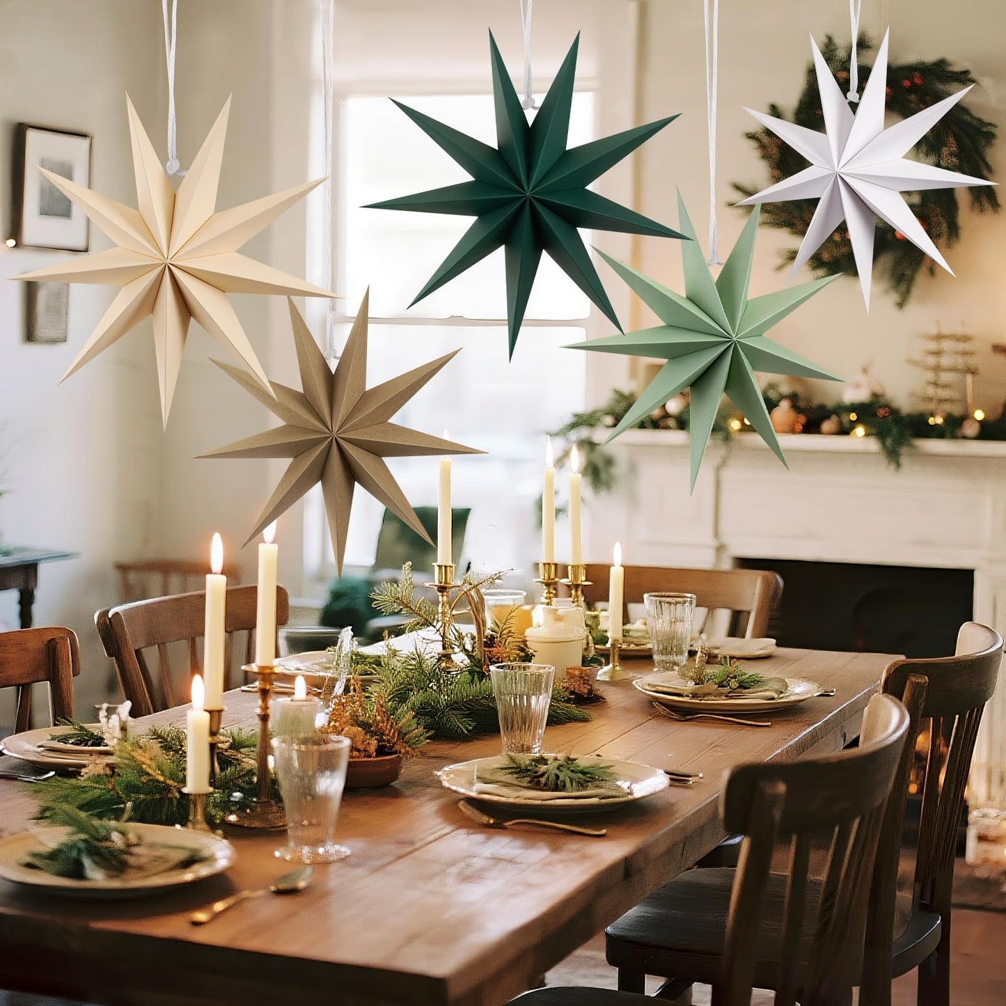 SUNBEAUTY Sage Green 9-Pointed 12 Inch Paper Star Lanterns Christmas Hanging Lamp Paper Decorations Shade Wedding Birthday Christmas Home Party Decorations