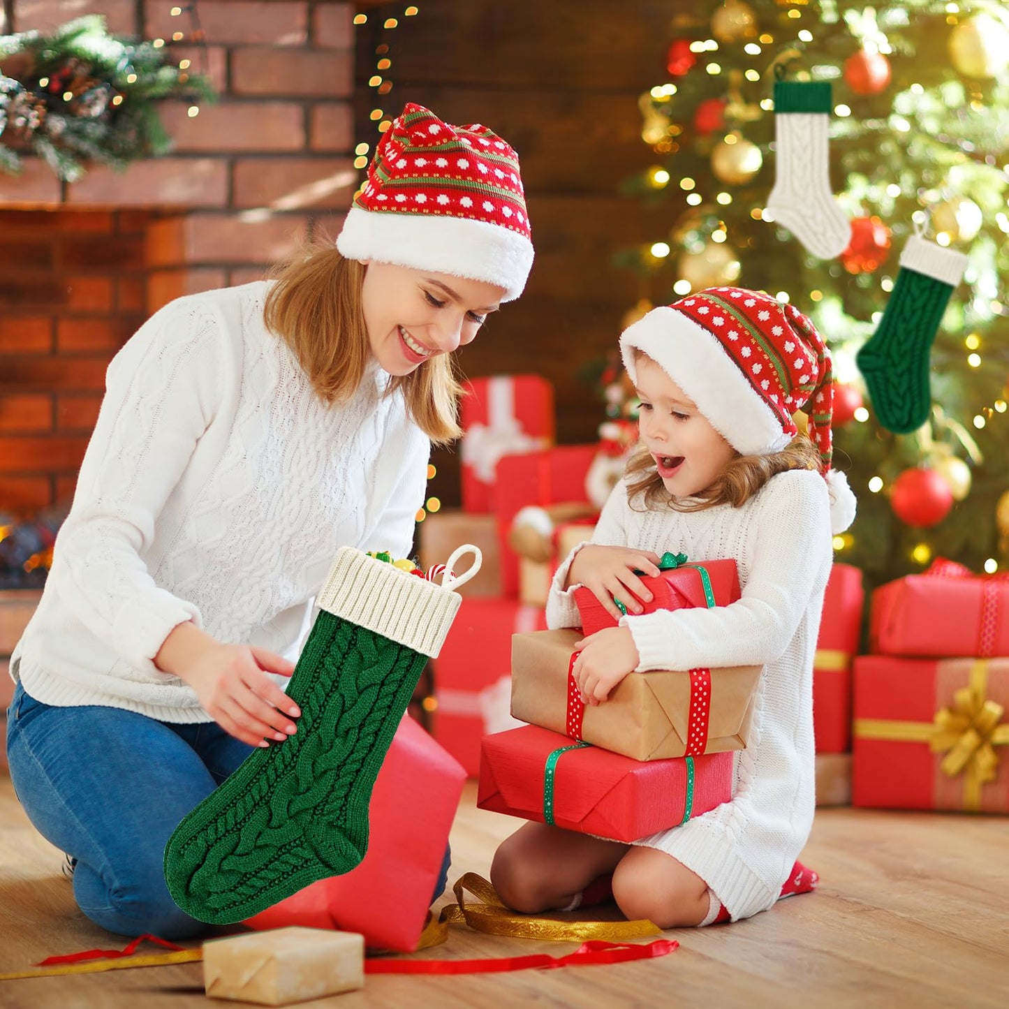 PETOX 2 Pack 18" Personalized Christmas Stockings, 18inch Large Cable Knitted Xmas Hanging Stocking Decorations for Holiday Christmas Party Family Decor (Lvory/Green)