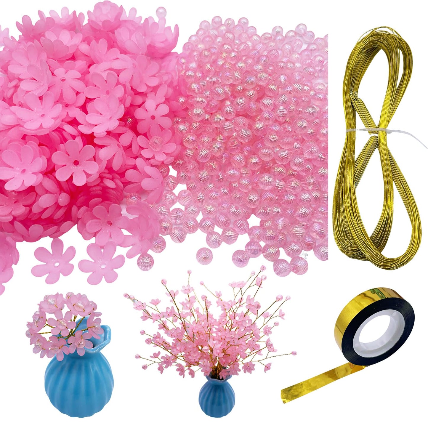 Crystal Artificial Flower Bouquet Material Set, Including 300 Acrylic Petals, 300 Beads, and 50 Iron Wires, Used for DIY Bouquets for Home Garden, Party, and Wedding Decoration (Pink)