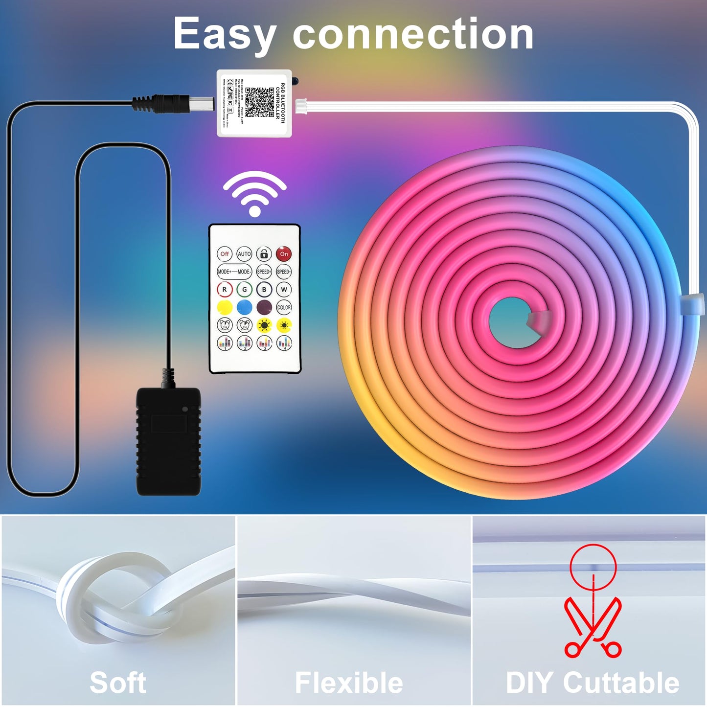 Cozylady RGB Neon LED Rope Lights, Waterproof Bluetooth APP Remote Control Music Sync Strip Lights, 24V Flexible DIY Silicone Light for Bedroom Home Indoor Outdoor Decor (7.5M/25Ft)
