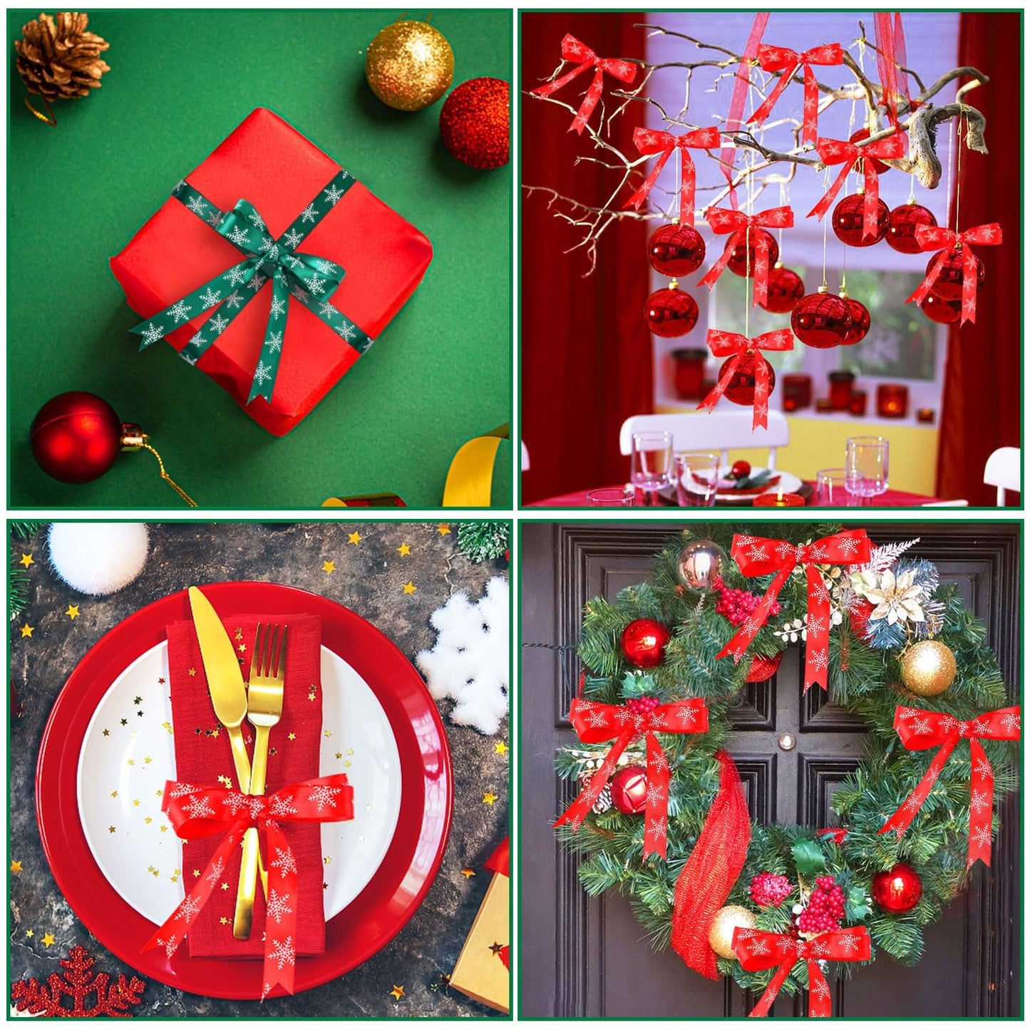 Christmas Ribbons, DECYOOL 4 Rolls 100 Yards Christmas Snowflake Ribbons for Gift Wrapping, 15mm Wide Red and Green Satin Ribbon for Festival Holiday Party Decorations DIY Crafts