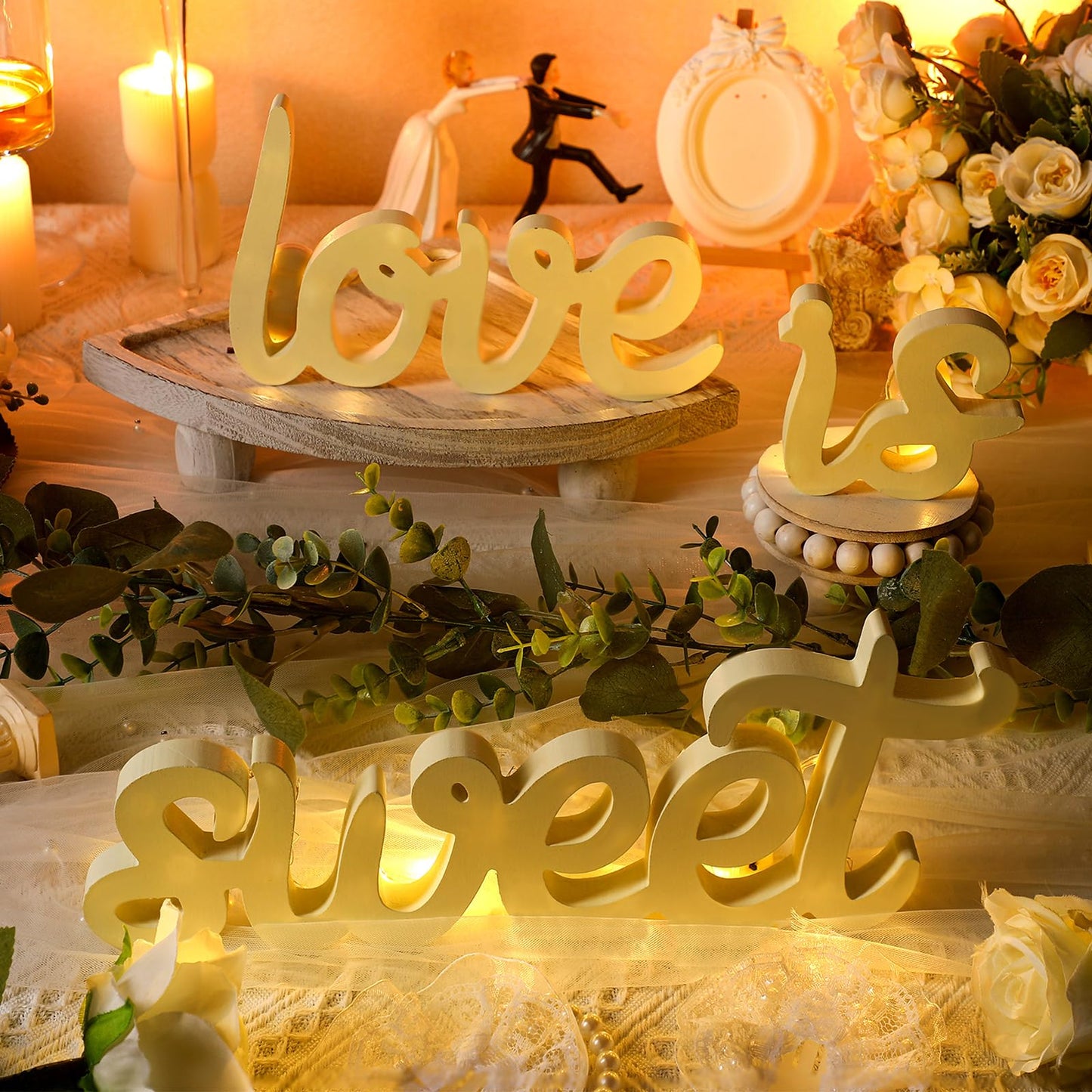 Glooglitter 3 Pcs Love Is Sweet Table Decor Wooden Love Is Sweet Sign LED Hollow Sign for Dessert Freestanding Letter Shelf Rustic Wedding Bridal Shower Engagement Bachelorette Party Decor(Beige)