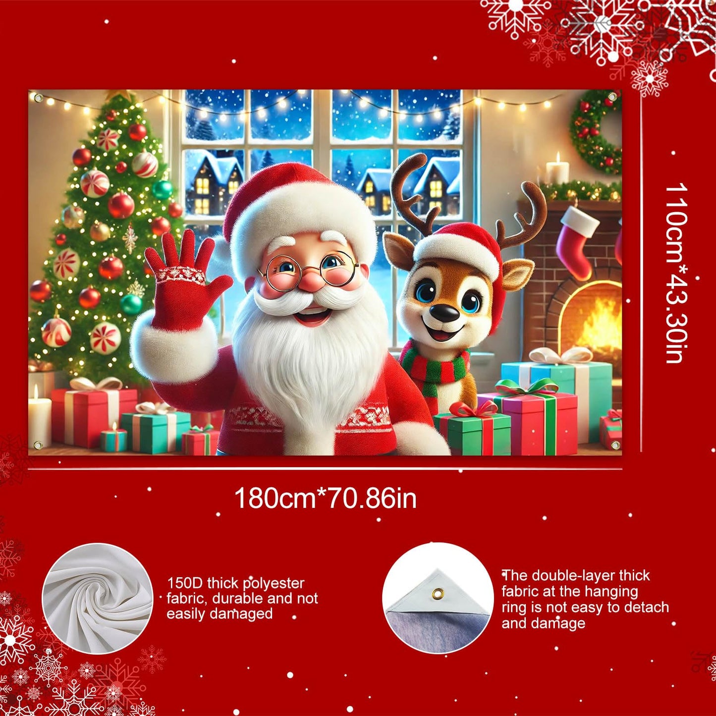 BlissYard Christmas Holiday Backdrop Santa Claus Reindeer Gifts Fireplace 71x43 Inch Photography Background Banner for Winter Party Decorations Cozy Event Home Decor Large Photo Booth Prop