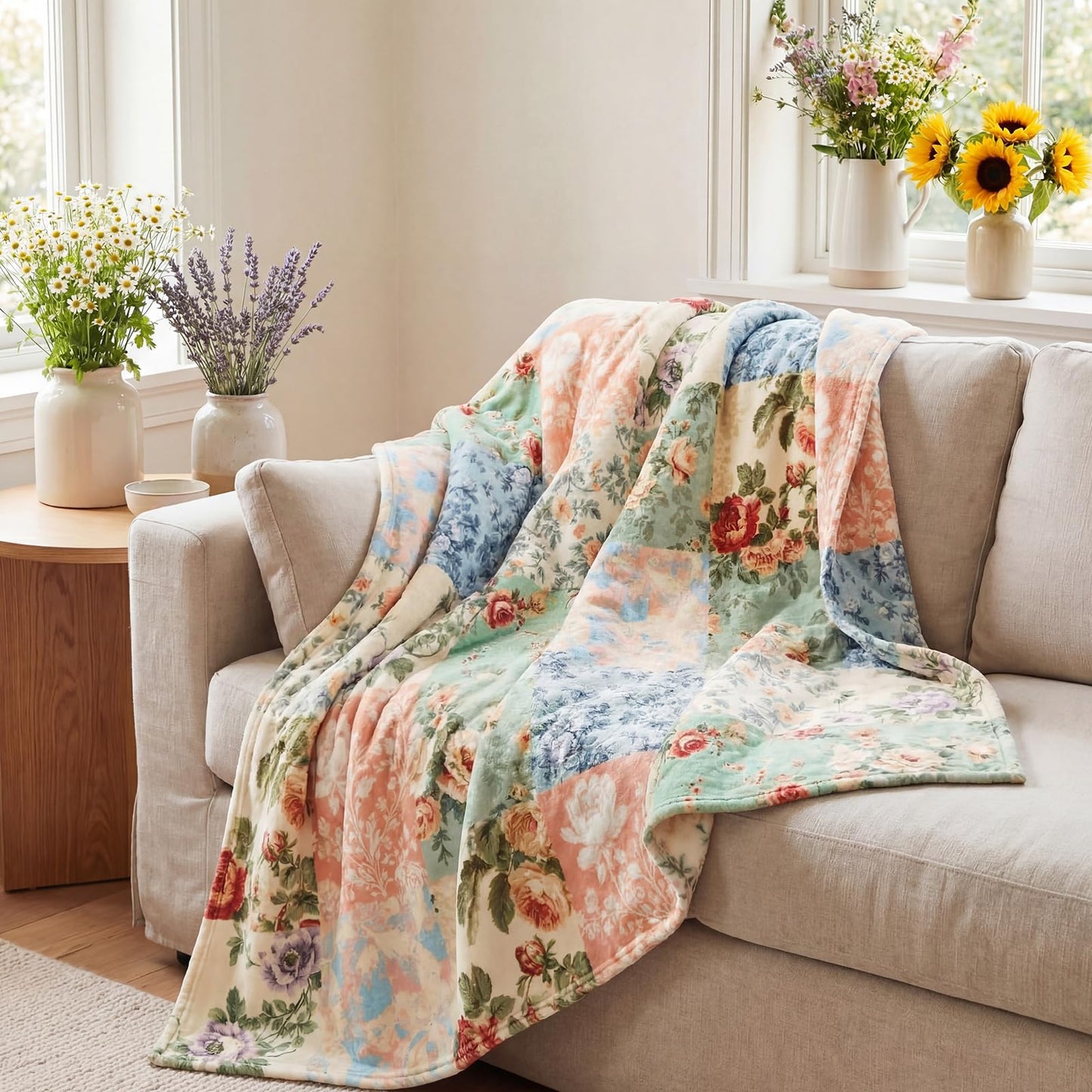 Hahafelt Boho Pastel Floral Throw Blanket Ultra Soft Fleece Patchwork Blanket for Couch and Bed Holiday Theme Cozy Throw Decoration Warm Gift for Spring Summer, 50 x 60 Inches