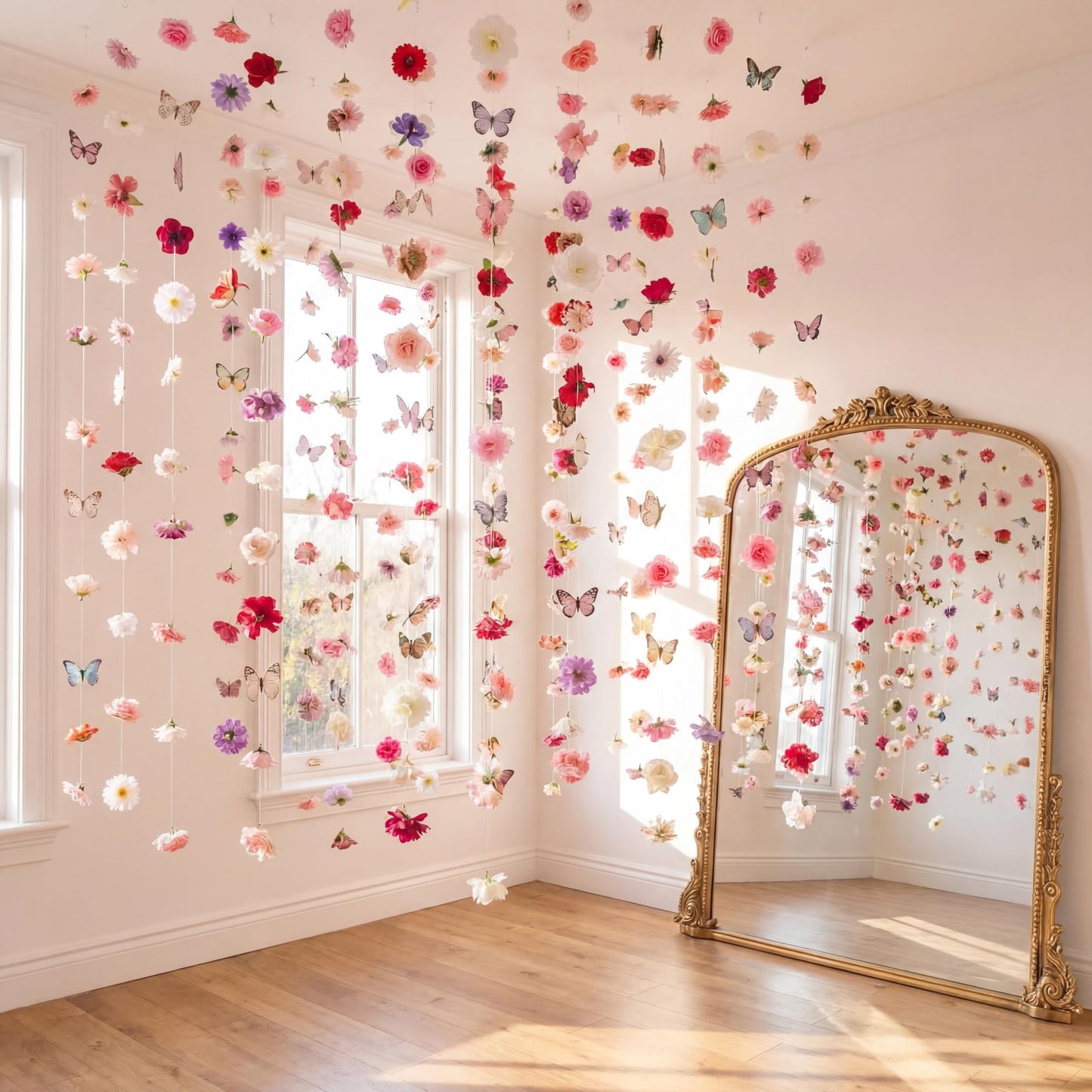Suncalla 6 Pcs Artificial Flower Butterflies Garland Hanging Decorations 5.9 ft Flower Curtain Backdrop with Hooks Indoor Decor for Wedding Spring Party Birthday Baby Shower Home