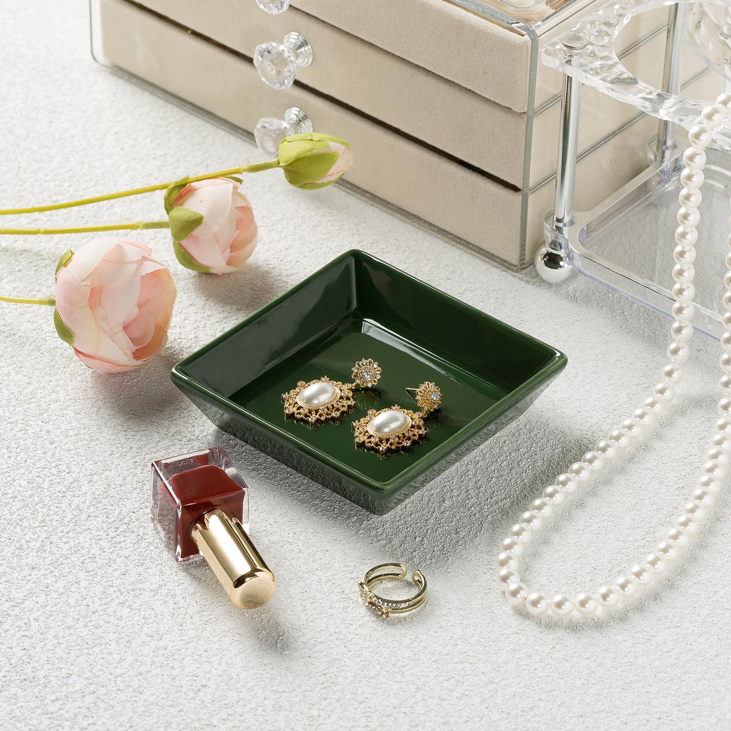 QNMUSUNC Ceramic Ring Dish, Jewelry Dish Holder, Small Trinket Tray Plate for Earrings Rings Necklaces Keys, for Mom Friend Sister (Dark Green Surface)