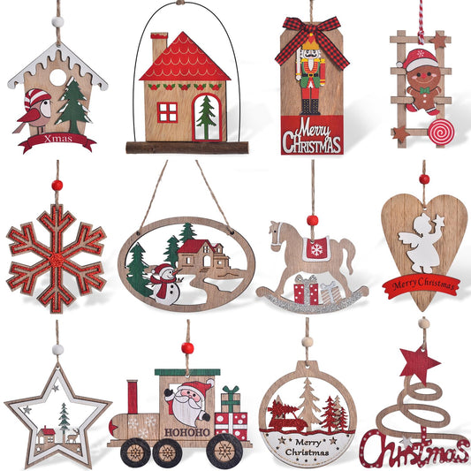 IDATOO Christmas Ornaments, 12 PCS Wooden Christmas Tree Decorations, 3D Rustic Farmhouse Christmas Ornaments Sets Holiday Hanging Decor Keepsake for Party Holiday Home Decor (12pcs Red)