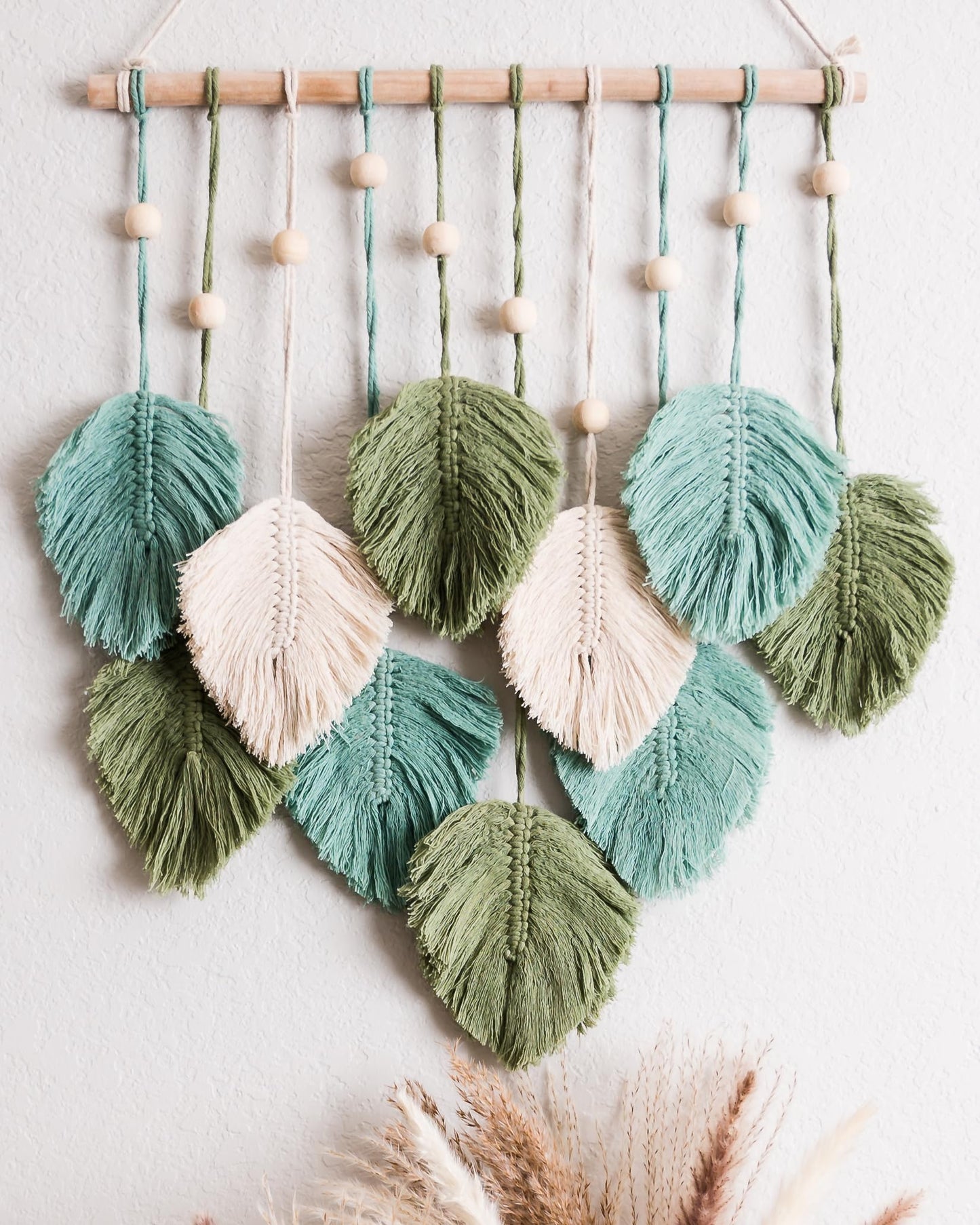 SnugLife Macrame Wall Hanging Leaves - Large Chic Feather Boho Decor, Handmade Yarn Woven Art Leaf Tapestry for Nursery, Bedroom, Living Room, 17 X 22 Inch (Green, Sage Green & Beige)