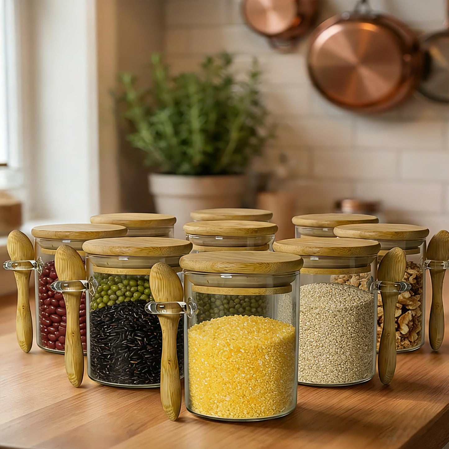 Livejun 7.6 oz Airtight Mini Glass Jars with Bamboo Lids and Bamboo Spoons, Spice Jars Small Food Storage Containers for Kitchen, Bathroom, Home Decor Set of 8