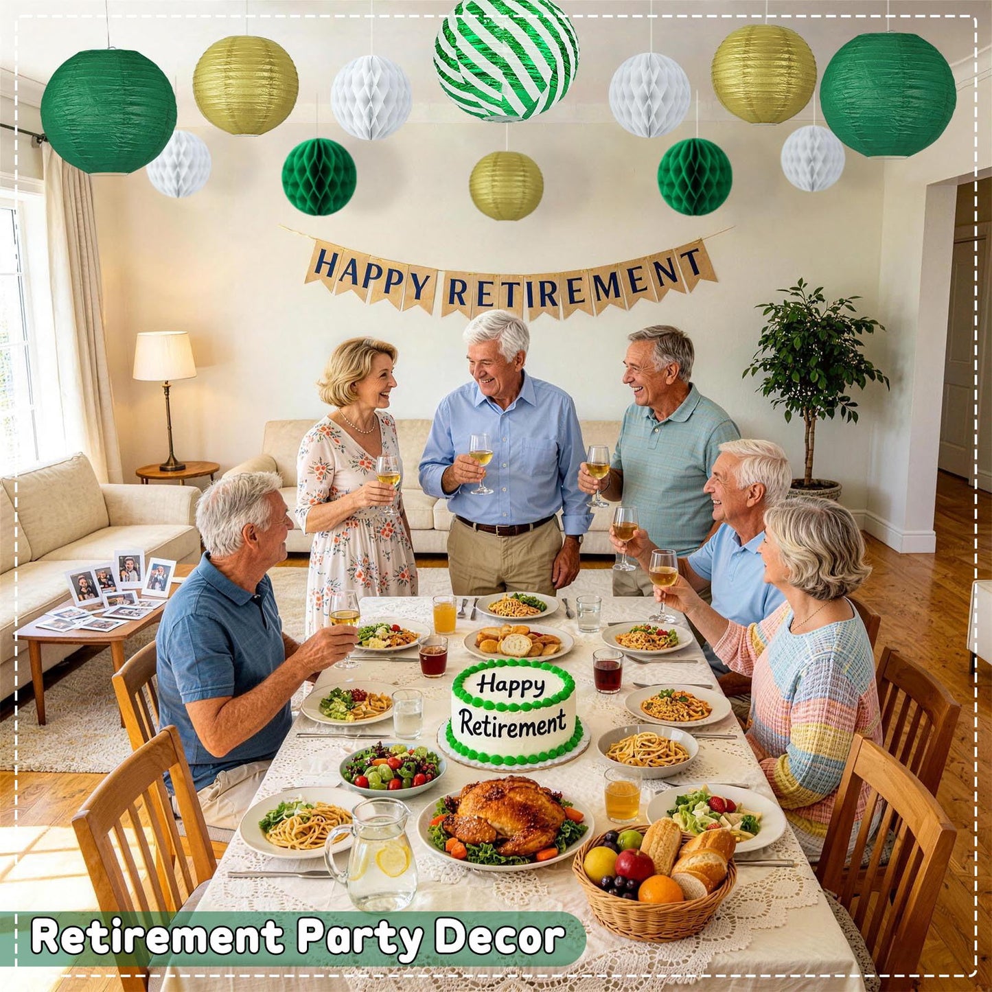 Green and Gold Party Decorations - 16Pcs Hanging Green White and Gold Paper Lanterns & Honeycomb Balls for Graduation Decorations 2026, Birthday, Baby Shower & Wedding Party Supplies