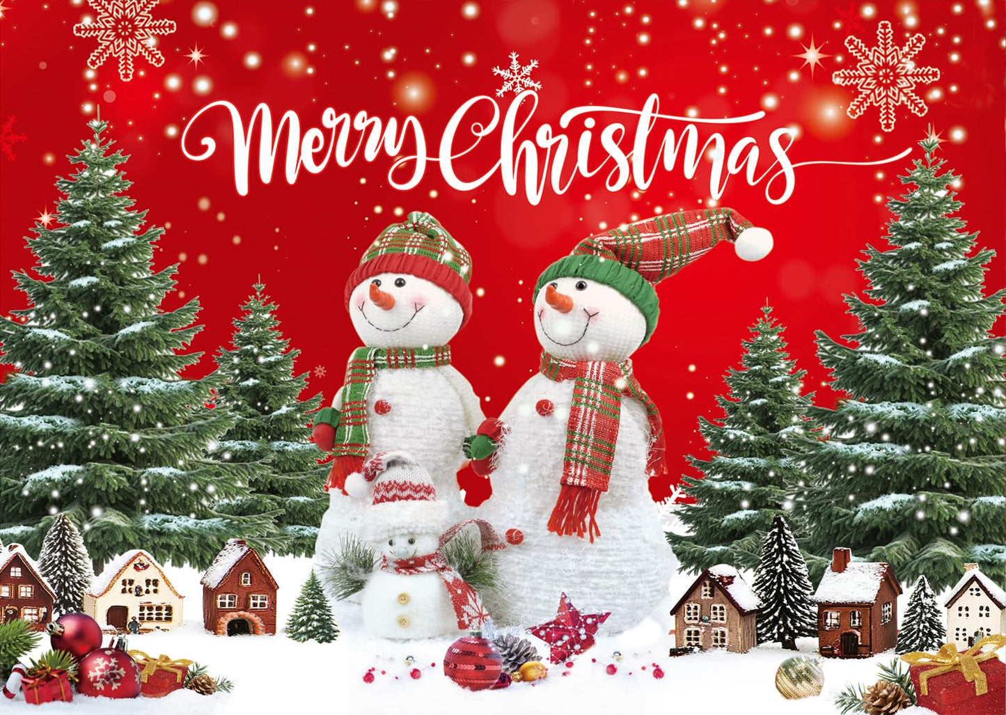 LTLYH 7x5ft Christmas Photography Backdrop Merry Christmas Snowman Backdrop Red Winter Wonderland Background with Trees and Houses for Photography Holiday Party Decorations 288