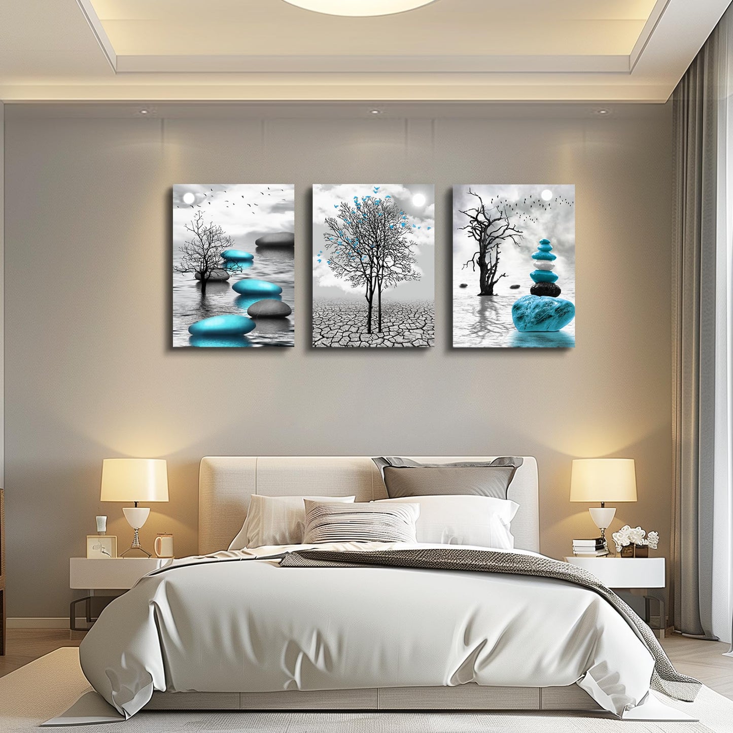 DZRWUBHS Abstract Wall Art for Living Room，3 Piece Modern Canvas Artworks Stones in The Water Zen Wall Decor Minimalist Meditation Picture Painting Prints for Bedroom Bathroom Hallway Home Office