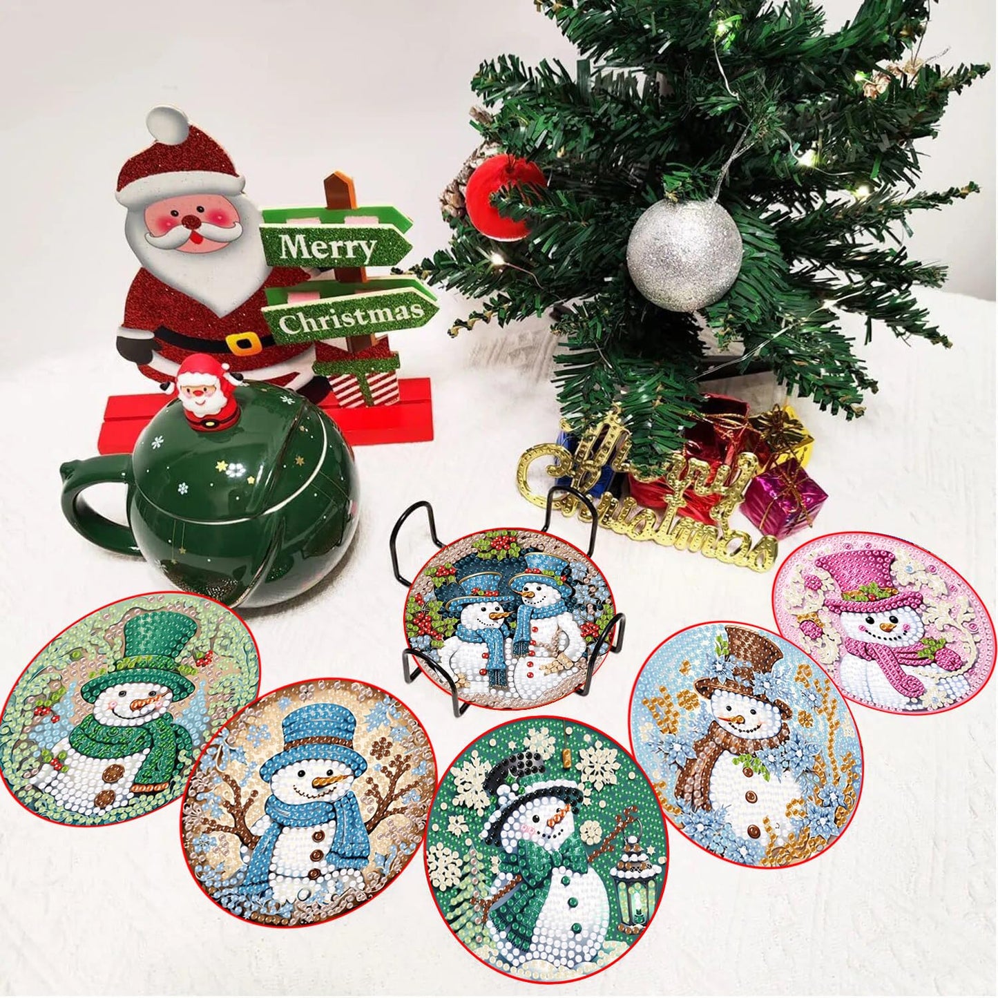 Apcufir 8 Pcs Christmas Diamond Painting Coasters Kits with Holder,DIY Snowman Diamond Art Coaster Kits for Adults & Kids,Paint with Diamonds Coasters Craft Supplies for Holiday Decor Gifts