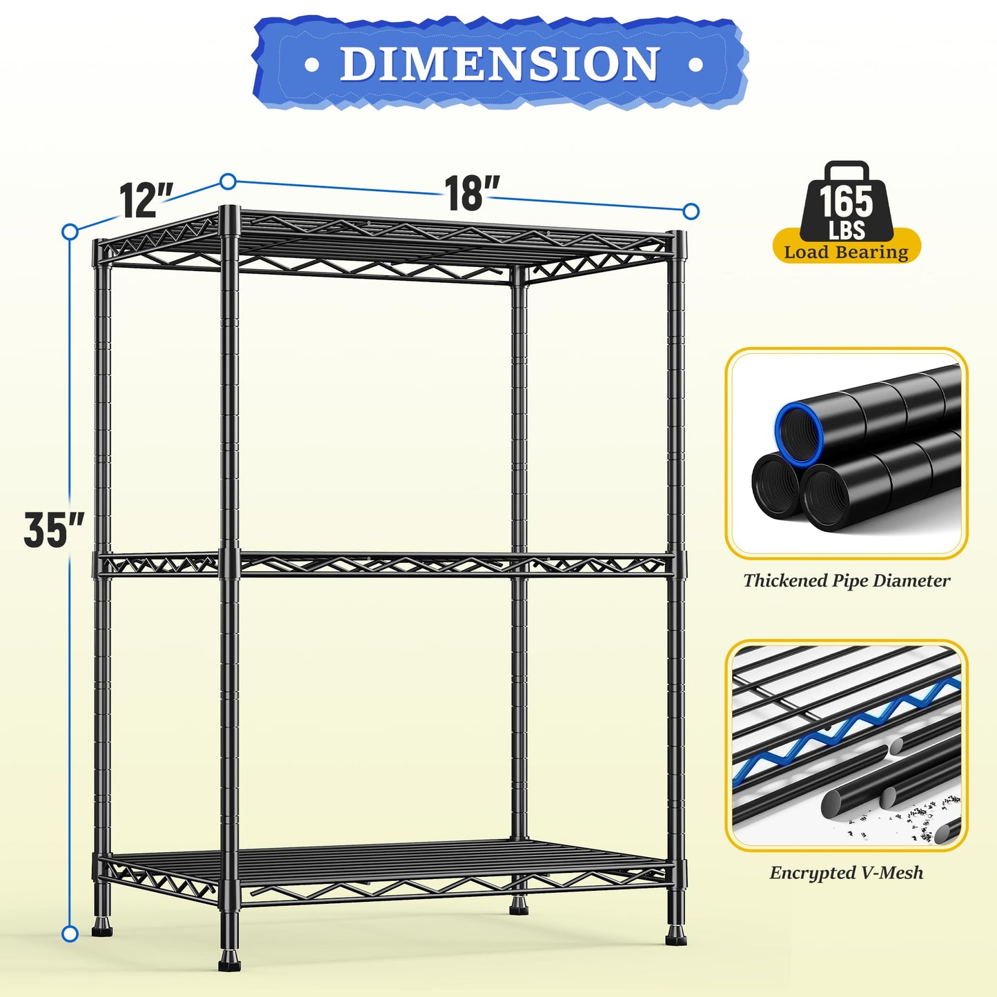 DurayLoly 3 Tier Metal Wire Storage Shelves,Adjustable Small Wire Shelving Unit,Utility Storage Rack for Kitchen,Bedroom,Laundry Room,Pantry & Office,17.7”Wx11.8”Dx35.4”H,Black