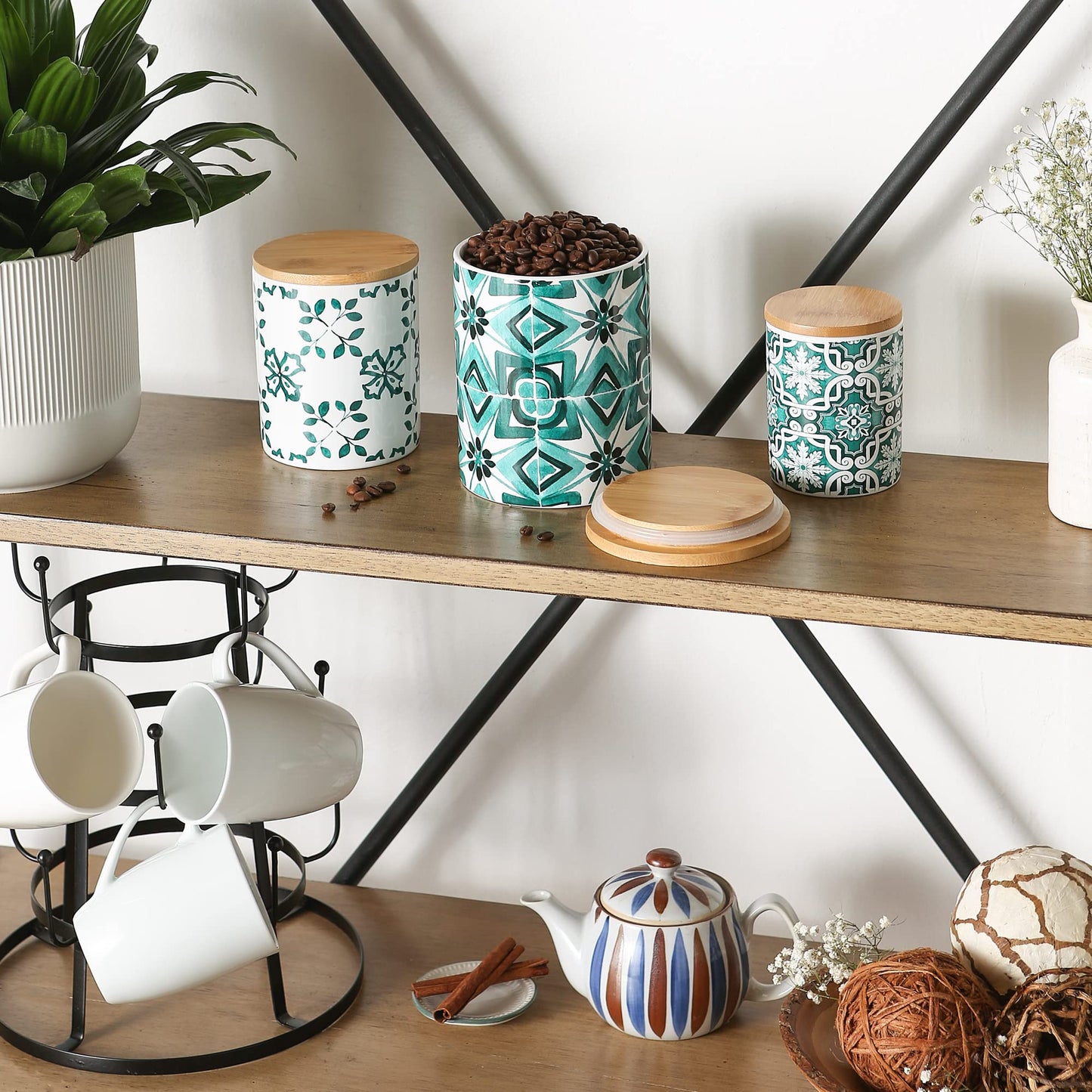 DII Kitchen Accessories Collection Ceramic, Canister Set, 4.5 Cup/3 Cup/1.25 Cup, Teal Tile