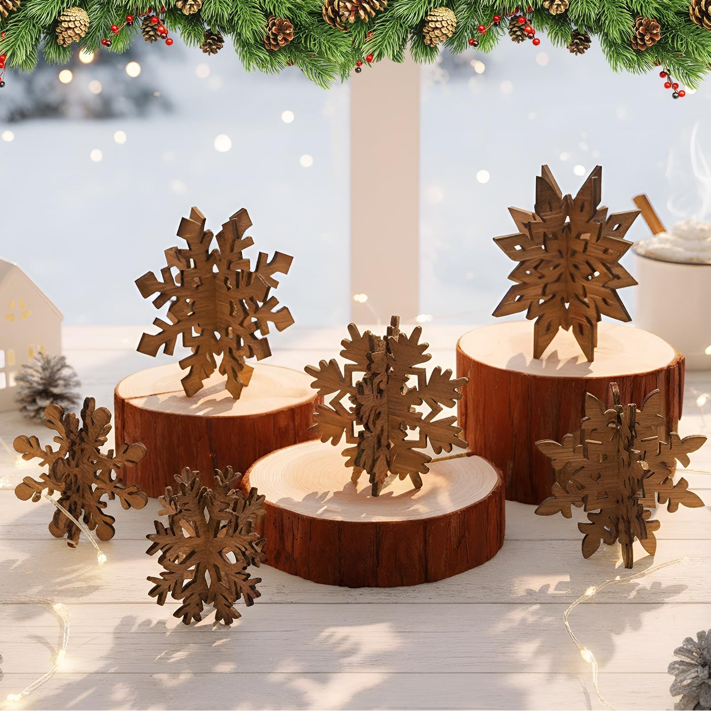 Bucherry 12 Pcs Winter Wooden Snowflake Table Decor 3D Snowflake Tabletop Centerpieces Winter Wonderland Table Signs for Christmas Holiday Farmhouse Home Supplies