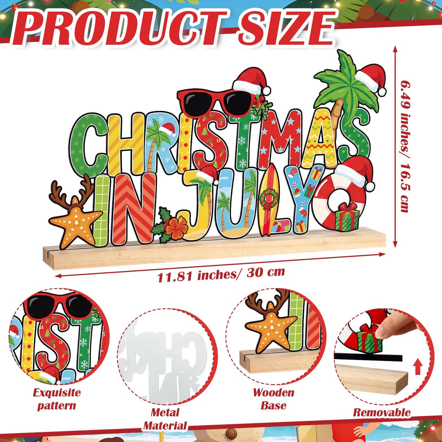 Roowest Metal Christmas in July Sign Tabletop Decor Summer Christmas Table Centerpiece Tropical Tiered Tray Decoration with Wooden Base for Home Office Desk Shelf Mantel Beach Party Gift