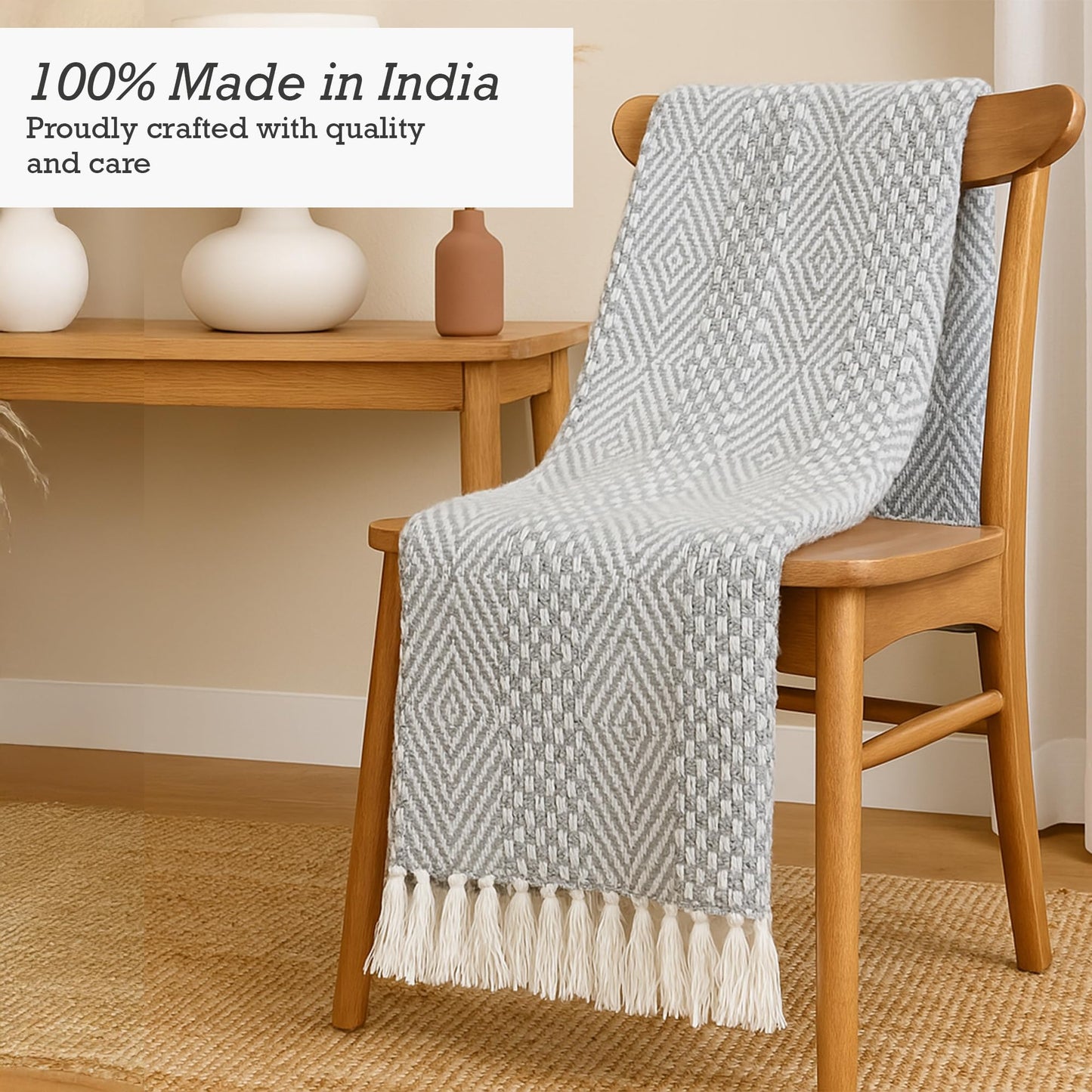 RAJRANG Grey Woven Country Rustic Throw Blanket 100% Cotton Luxury Quality Sofa Couch Bed Throws Perfect for Indoor Outdoor 50x60 Inches Wild Dove
