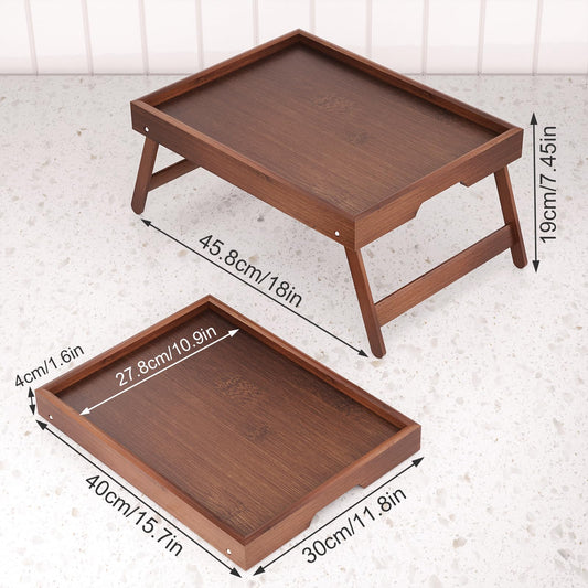 Fibogollo 2 Pack Bamboo Bed Tray Table with Folding Legs,Breakfast Trays,Serving Tray for Food and Snack,Laptop Trays for Working(Brown)