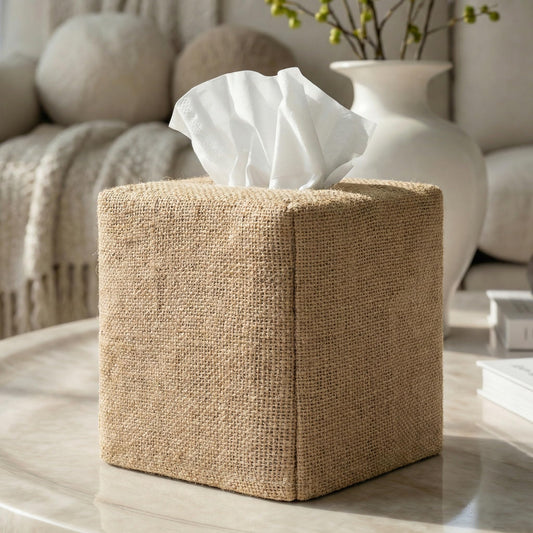 Stylish Tissue Box Cover - This Burlap Holder Instantly Covers Your Square Tissue Boxes - The Perfect Fall Decorative Cube Cover for Your Bathroom and Home