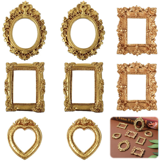 Tyqour 8PCS Mini Gold Picture Frames Vintage Small Resin Miniature Tiny Picture Frames for Crafts Antique Mini Photo Frame for DIY Jewelry Christmas Holiday Party Hotel Decor