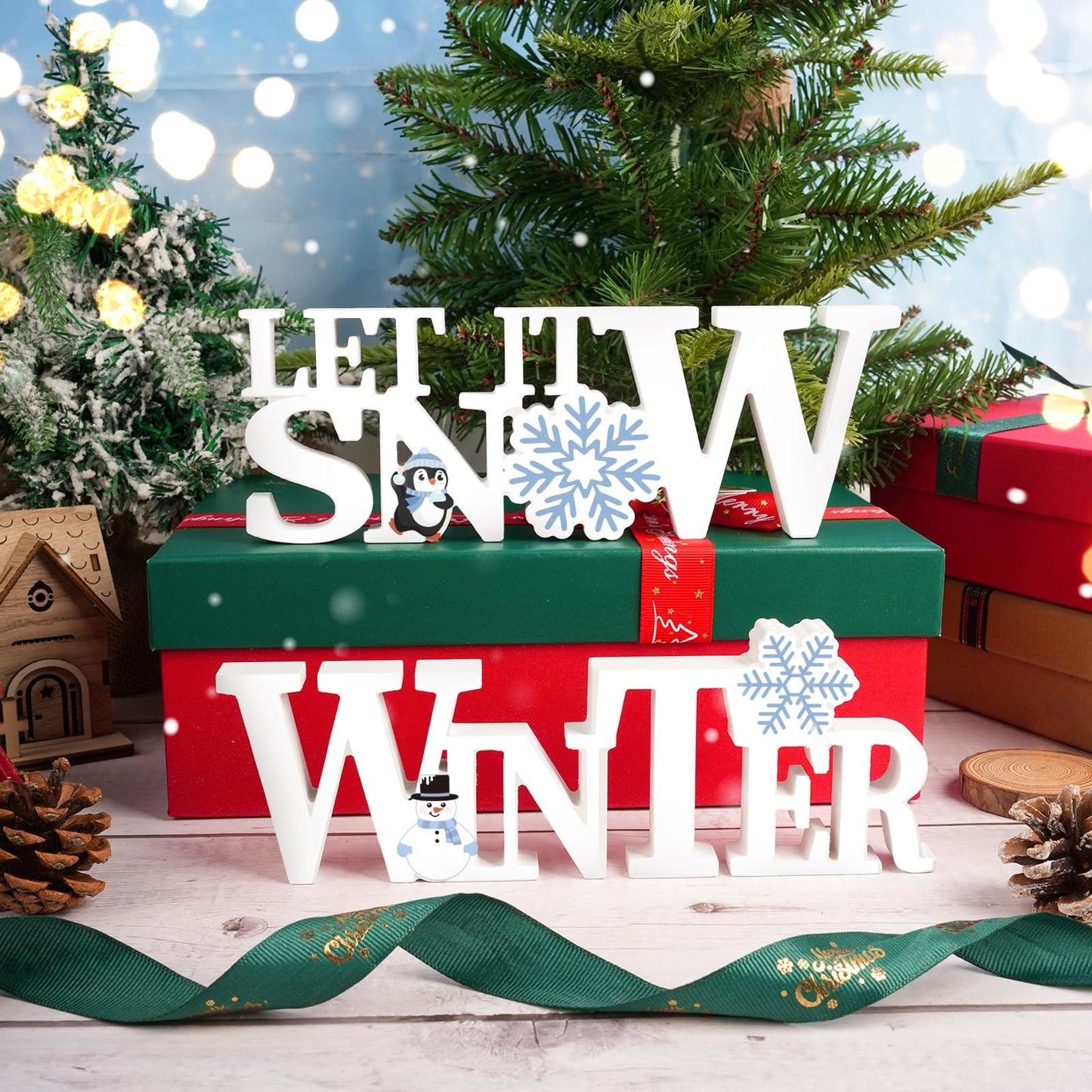 COCHIE Wooden Winter Let It Snow Sign, Snowflake Winter Decorations for Home, Office, Shelf, Mantel, Indoor, Blue White Wood Table Top Party Decor (White)