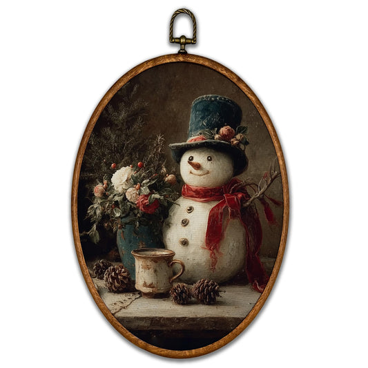 BCUANGD Vintage Snowman Oval Wall Art Decor - Vintage Winter Snow Wall Art Canvas Frame Artwork Prints, Rustic Christmas Holiday Cottage Oval Wall Hanging Decorations for Home Farmhouse, 8.6"x11.4"