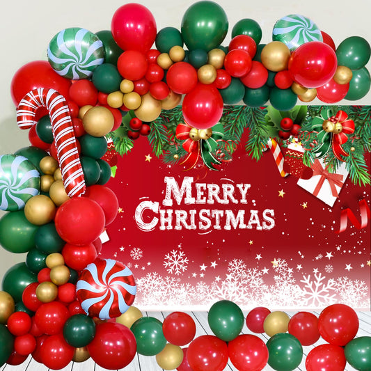 Christmas Party Decorations Set, Balloon Arch Kit with 43x71 Inch Christmas Backdrop, 89 PCS Xmas Balloons for Indoor Outdoor Merry Christma Decor, Xmas Gift