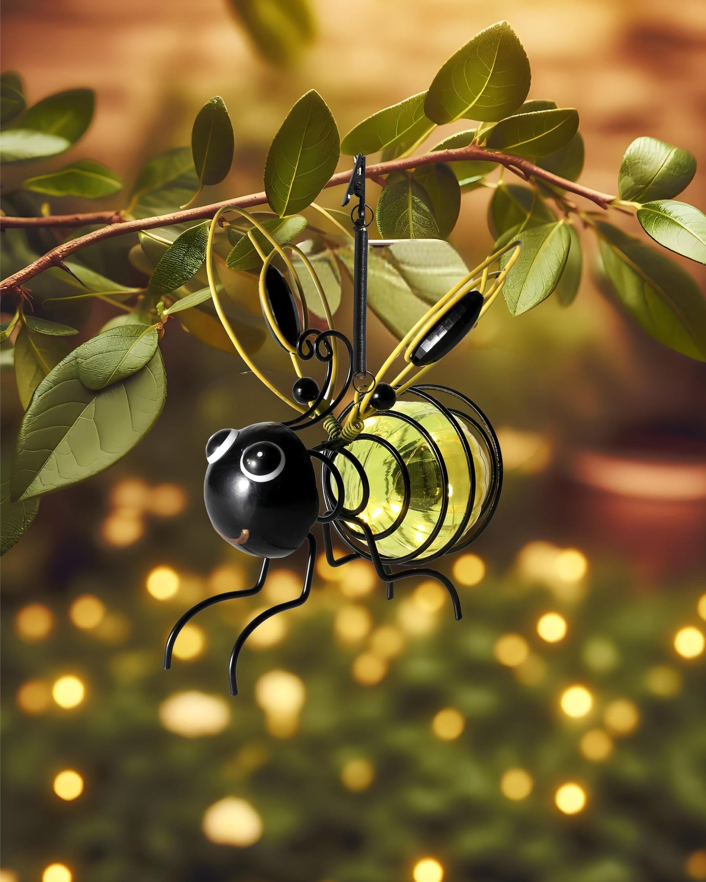 Lighted Outdoor Display - Solar Powered Hanging Bee Decor with Bouncy Springs - Outdoor Hanging Solar Lights for Garden Decor, Yard, Patio, Porch (Yellow)