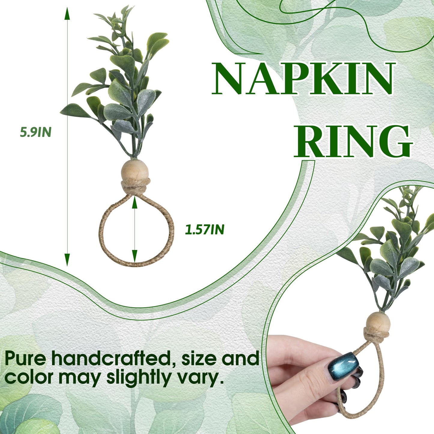 MAOANME Napkin Rings Set of 12, Rustic Eucalyptus Napkin Holder Rings with Wood Bead, Farmhouse Green Leaf Napkins Ring Bulk, Boho Napkins Ring for Wedding, Table Decor