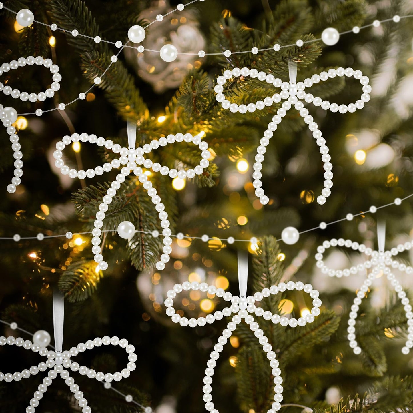 Chunful 37 Pcs Pearl Bow Christmas Tree Ornaments Pearl Bow Beads Garland Decorations for Xmas Cake Holiday Wedding Home Decor Crafts