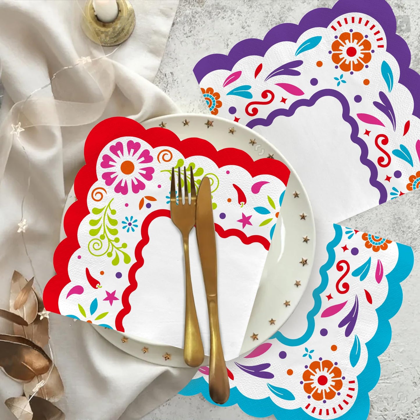 Fiesta Mexican Party Supplies - 48-Pack 3-Ply Disposable Paper Napkins, Cinco de Mayo Decorations, Taco Parties & Beverage Use, Vibrant Colors, 6.5x6.5 in