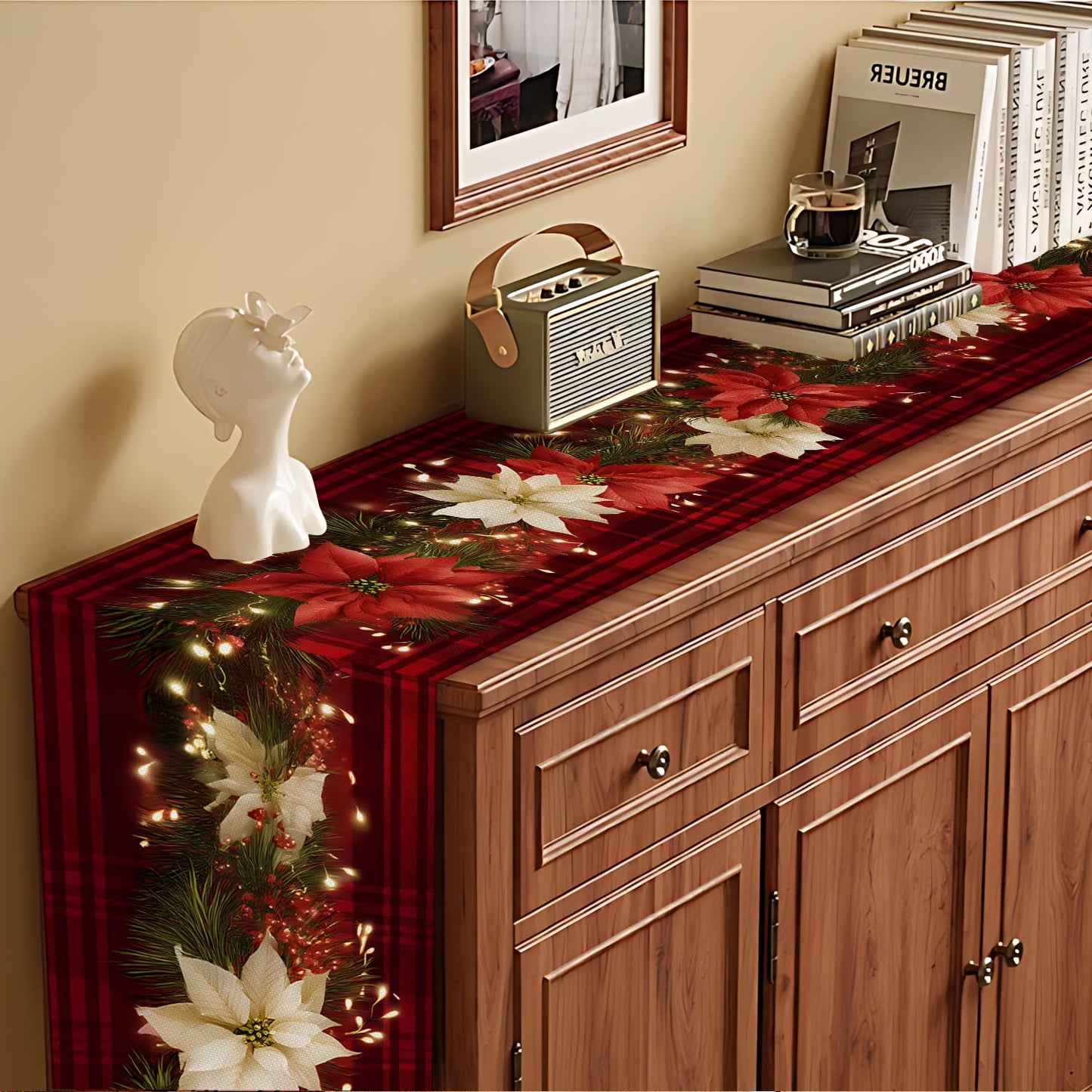 Christmas Table Runners and Placemats Set of 6, Red Plaid with Poinsettia & Floral Design, Perfect for Holiday Dining, 7-Piece Christmas Table Decoration