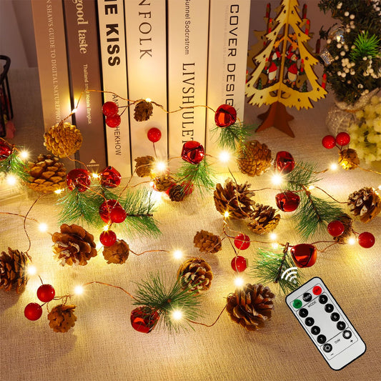 KITCADA Christmas Garland with String Lights 10 Ft 30 LED Pine Cone Red Berry Bells Garland Lights, Indoor Christmas Decorations for Home and Fireplace Mantel Decor,Christmas Tree Decor (Warm Color)