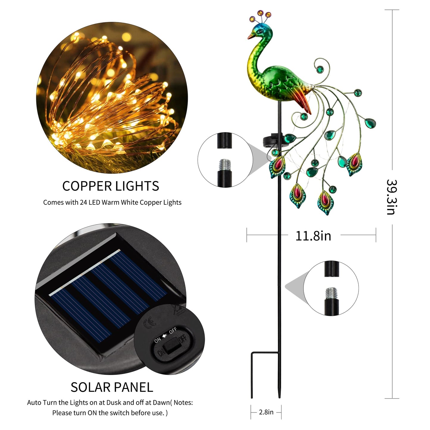 Glintoper Solar Garden Lights, 39 Inch Height Outdoor Metal Peacock Decorative Garden Stakes, Mothers Day Ideal Gifts, Waterproof Path Lights Lawn Stake Ornaments for Patio Pathway Yard Decoration