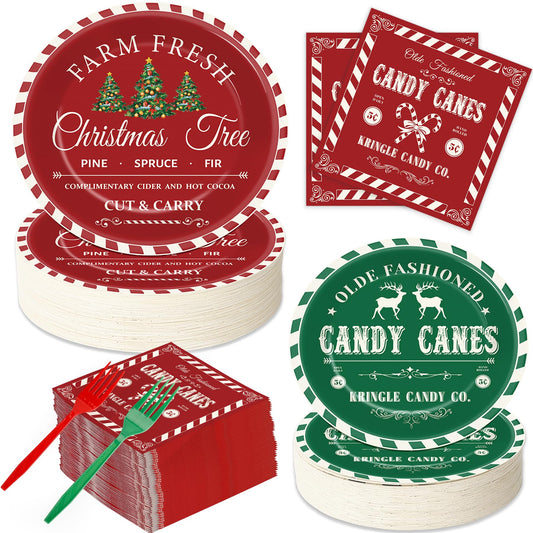 GOLDGAO 200Pcs Christmas Paper Plates and Napkins, Red Green Tableware Set Xmas Party Vintage Christmas Decorations Plates Disposable Paper Dinnerware Set Holiday Party Supplies for 50 Guests
