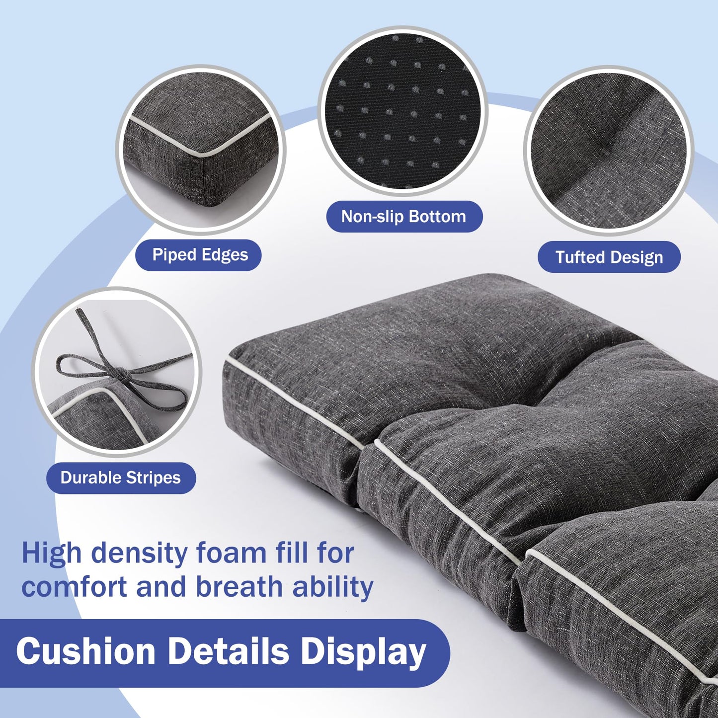 IPYNBAP Bench Cushion, 42 x 16 Inch Patio Furniture Cushions with Durable Ties, Soft Memory Foam Bench Cushions for Indoor/Outdoor Furniture with Non-Slip Bottom, Kitchen&Dining, Dark Grey