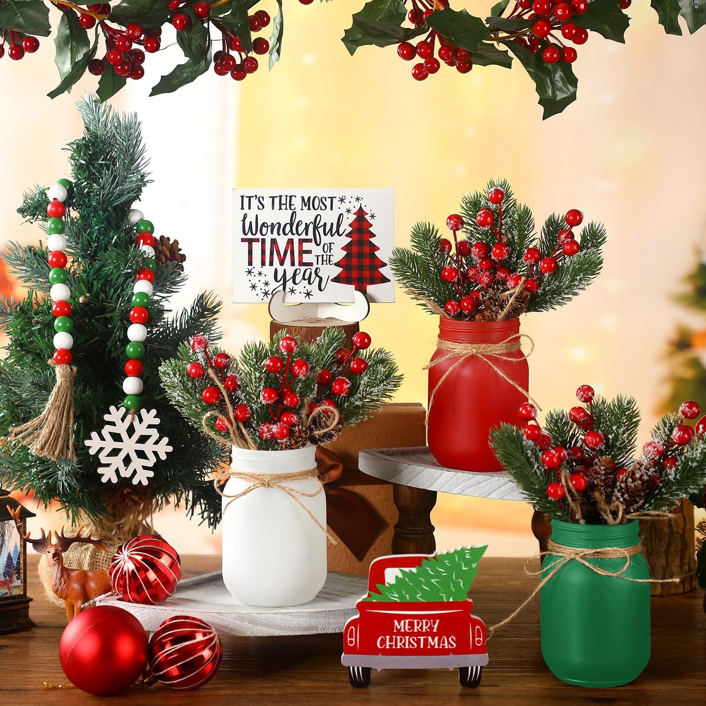 Jexine 12 Pcs Christmas Mason Jar Centerpieces Table Decor with Artificial Snow Pine Cone Red Berry Xmas Wooden Sign for Holiday Farmhouse Home Dining Table Kitchen Tiered Tray Decor