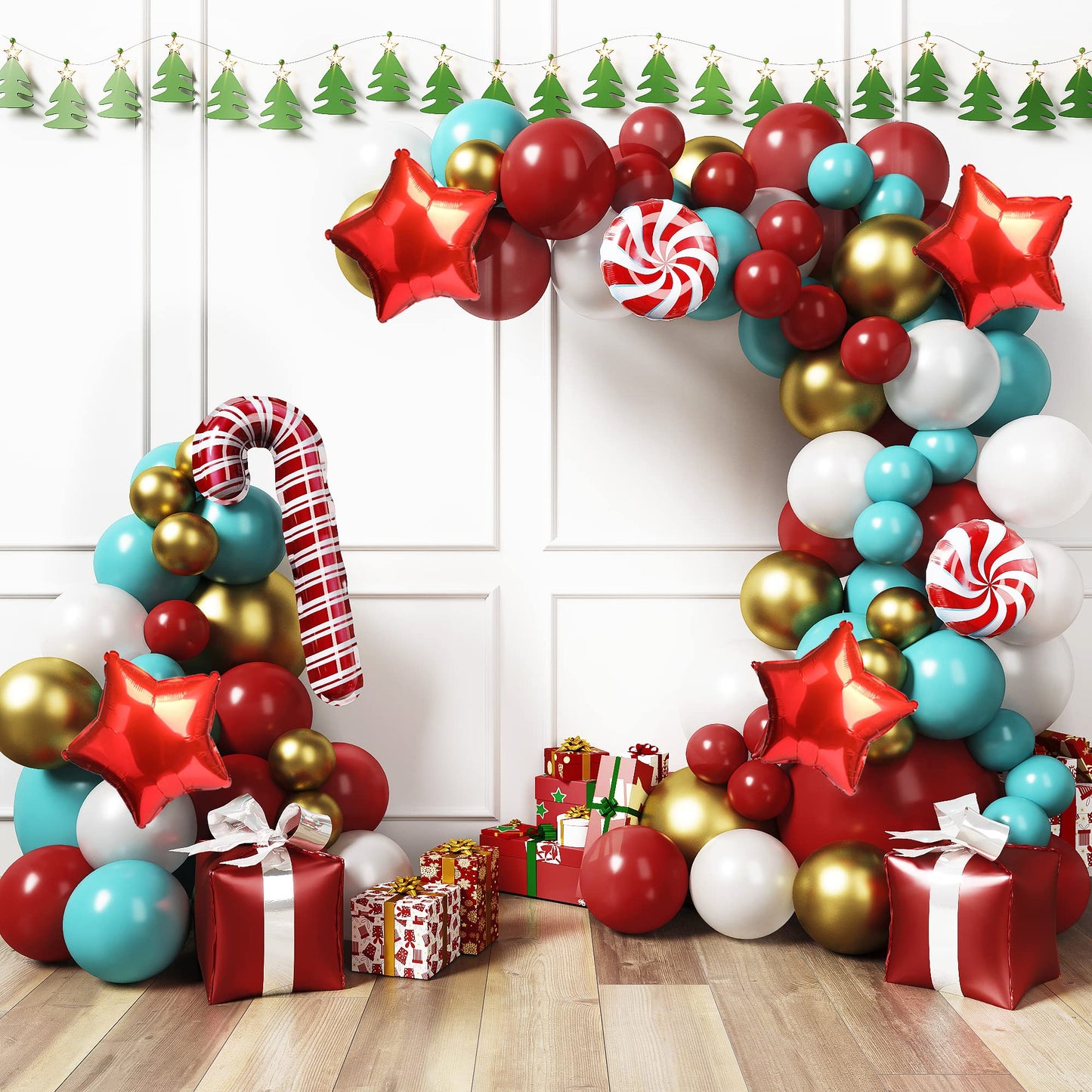HOUSE OF PARTY Christmas Balloons Arch Kit - Christmas Balloons Decorations Red, Teal, White with Candy Cane | Mylar Balloons with Candy Cane for Xmas Decoration