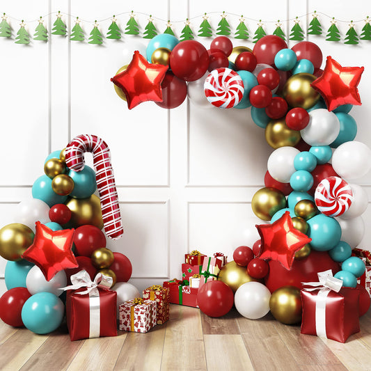 HOUSE OF PARTY Christmas Balloons Arch Kit - Christmas Balloons Decorations Red, Teal, White with Candy Cane | Mylar Balloons with Candy Cane for Xmas Decoration