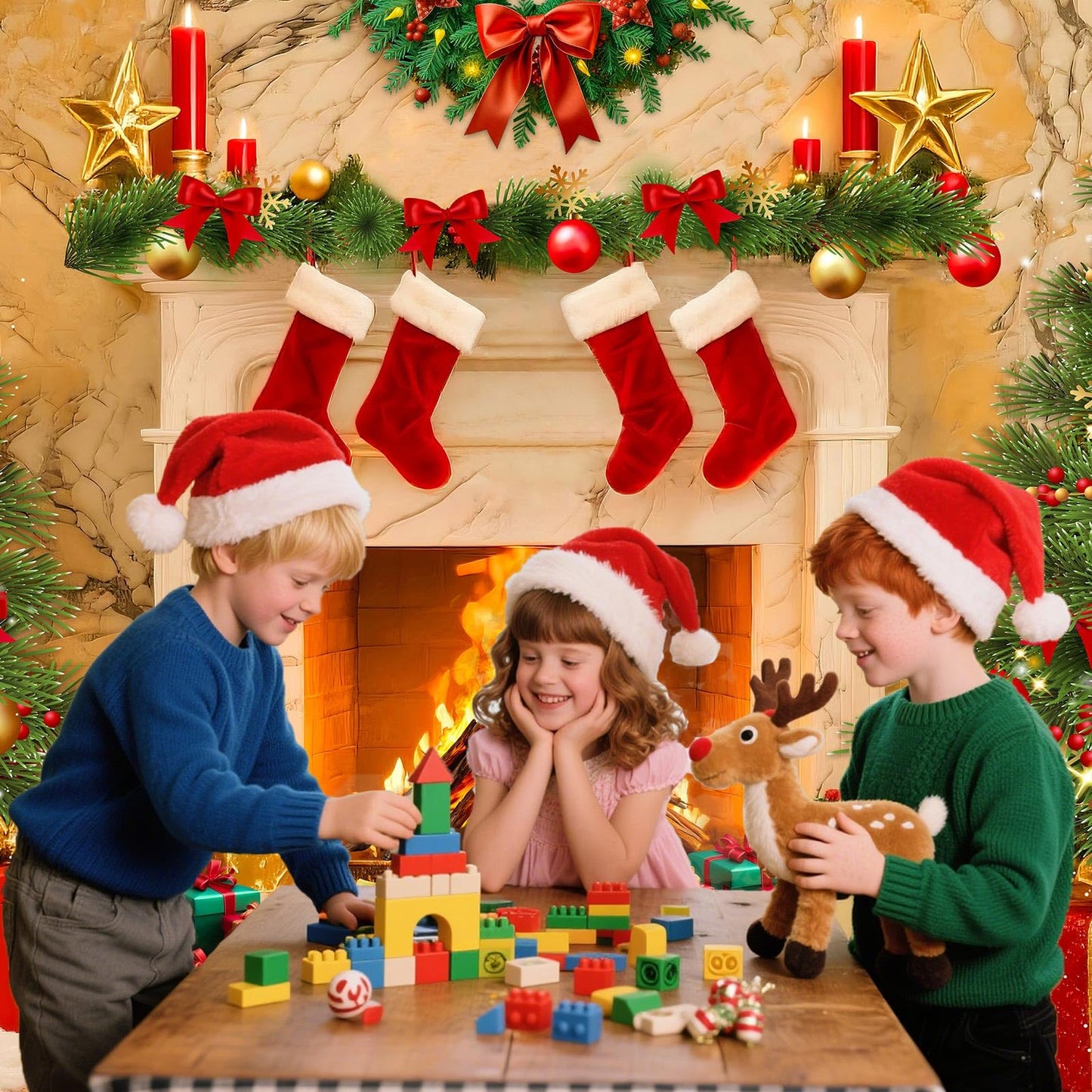 Christmas Backdrops for Photography, Fireplace Photo Backdrop for Wall Photoshoot, Xmas Background Holiday Party Tree Red Socks Gifts Decorations 7x5FT